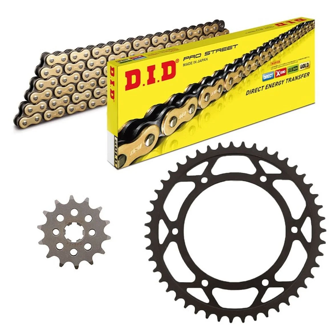 Une chaîne de vélo, deux pignons, et un emballage de chaîne D.I.D pour vélo de montagne.