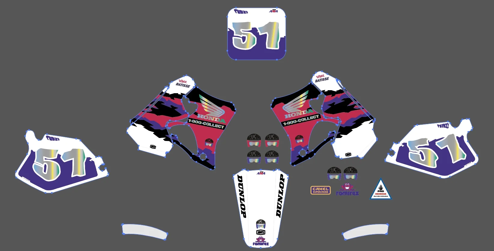 Décalcomanie ou autocollant de décalcomanie avec le numéro 51, motosport ou motocross, décoratif avec des logos de marques comme Honda, Dunlop, Camel, et Romirez. Le fond est gris et l'ensemble est conçu pour décorer une moto.  Garage Akir Lyon