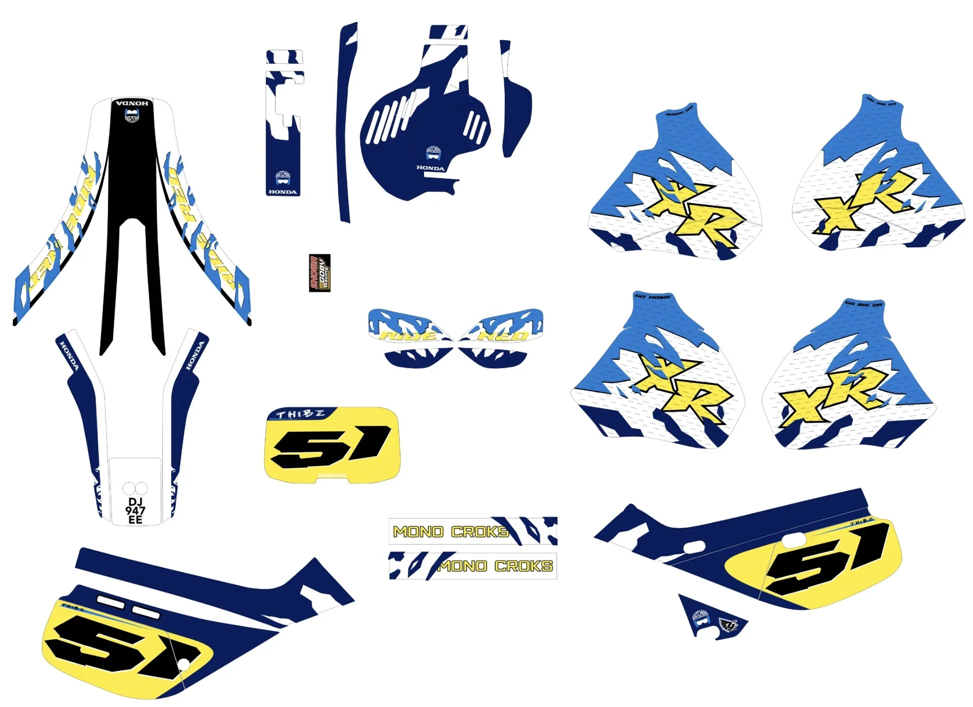 Découpe de décalcomanies pour une moto de motocross, comprenant différentes parties telles que le corps principal, les garde-bousses, les plaques et les éléments graphiques avec des couleurs bleu, blanc, jaune et noir, avec des logos et le numéro 51.