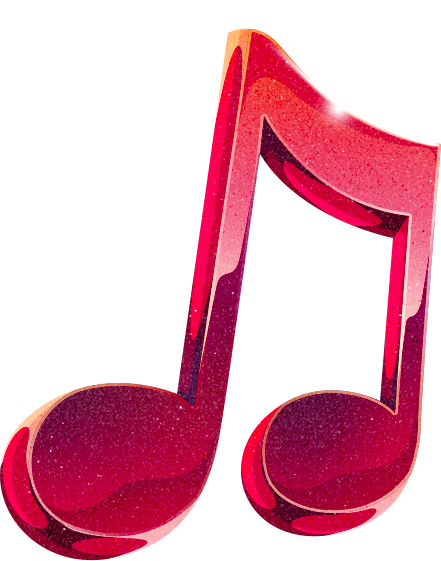 A large, colorful musical note graphic with a pink and red gradient
