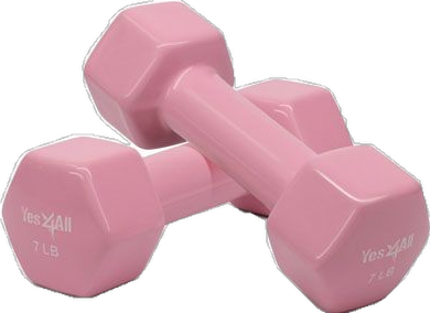 Two pink 7-pound dumbbells crossed over each other against a black background.