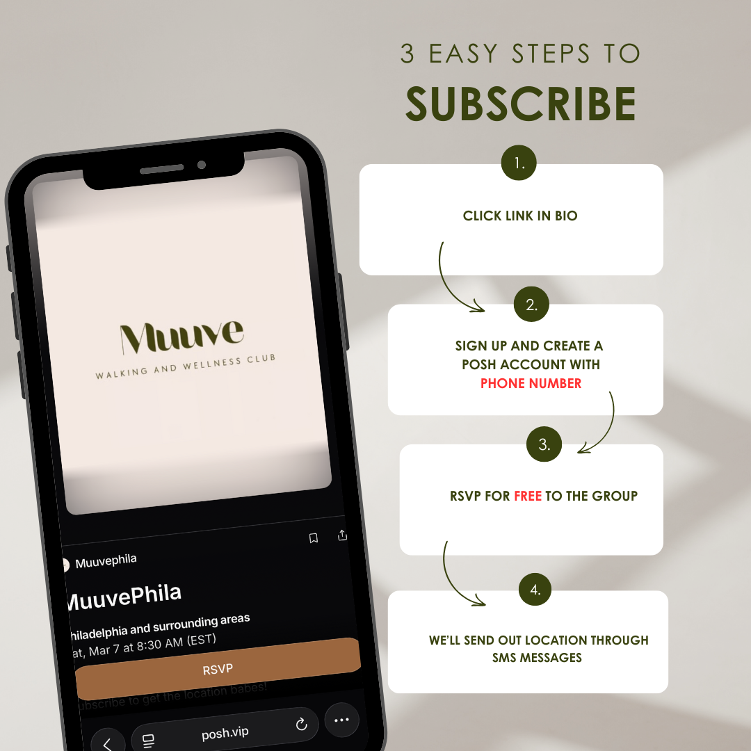 An infographic showing 3 steps to subscribe to a walking and wellness club called Muuve. It displays a smartphone with the Muuve website and instructions for clicking the bio link, signing up with a phone number, RSVPing for free, and receiving the location via SMS.