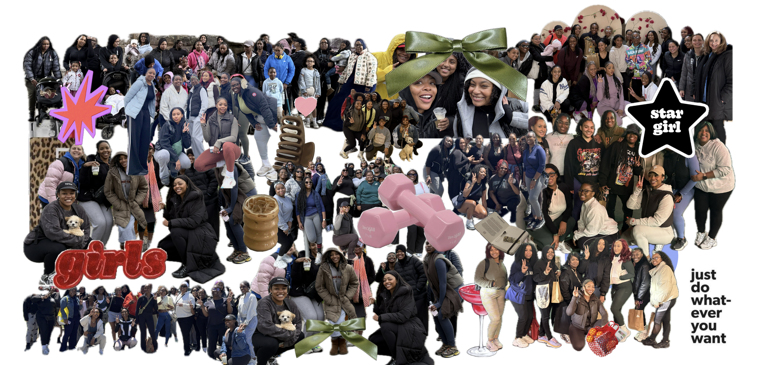 A collage of many women and girls posing together, with some holding puppies, and surrounded by stickers and doodles including a star, a girl with a bow, a book, a dumbbell, a coffee drink, and phrases like 'girls', 'star girl', and 'just do whatever you want'.