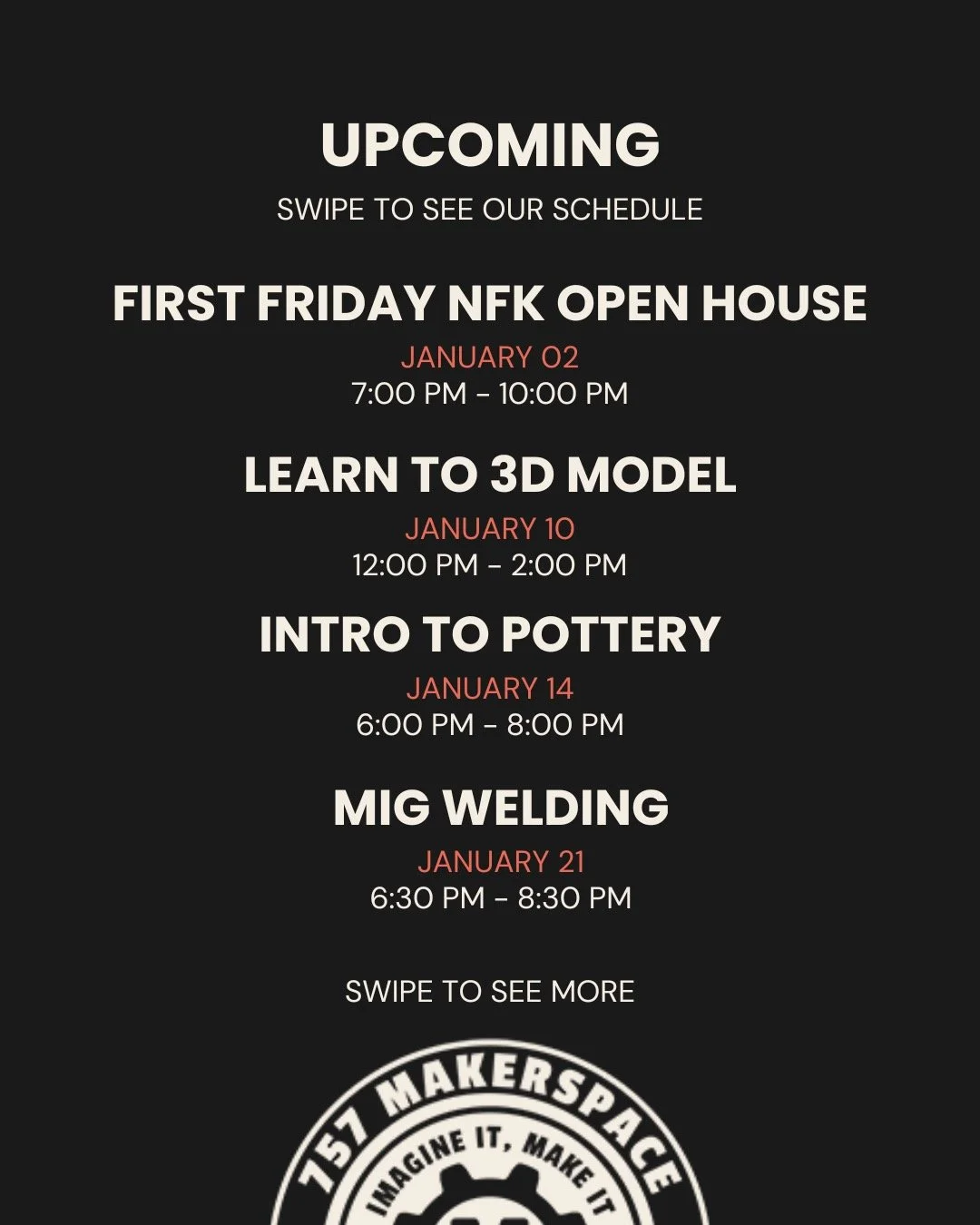 Upcoming events are live. Pottery, welding, 3D modeling, 3D printing, screen printing and CNC workshops.
Swipe the carousel and grab your spot.
What do you want to learn next?
