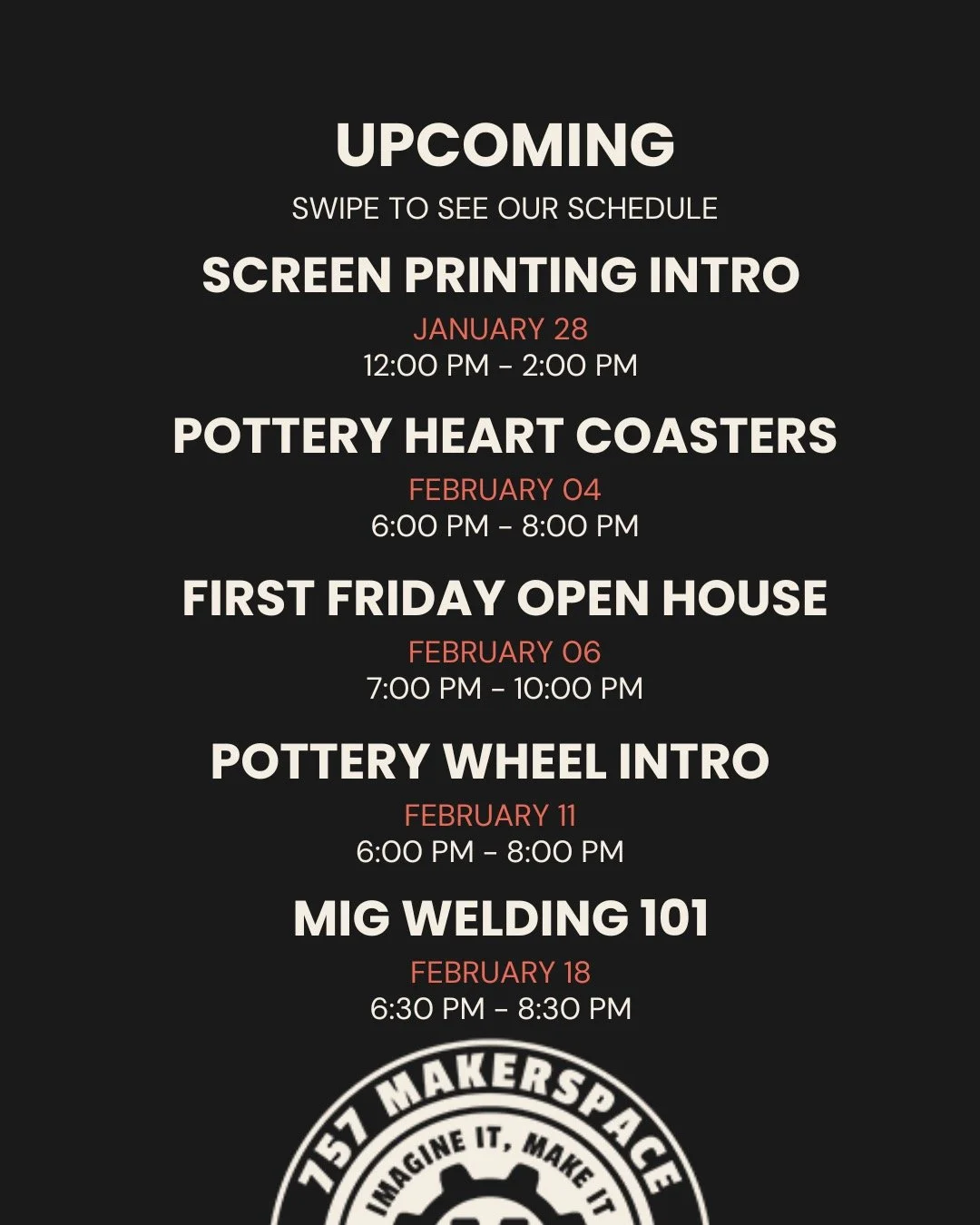 YOU ASKED. WE DELIVERED.
Upcoming Just Added:
📅 Screen Printing Intro - Jan 28
💕 Pottery Heart Coasters - Feb 4
🎉 First Friday NFK Open House - Feb 6
🏺 Pottery Wheel Intro - Feb 11
⚡ MIG Welding 101 - Feb 18
Spots are going fast. Grab yours now &