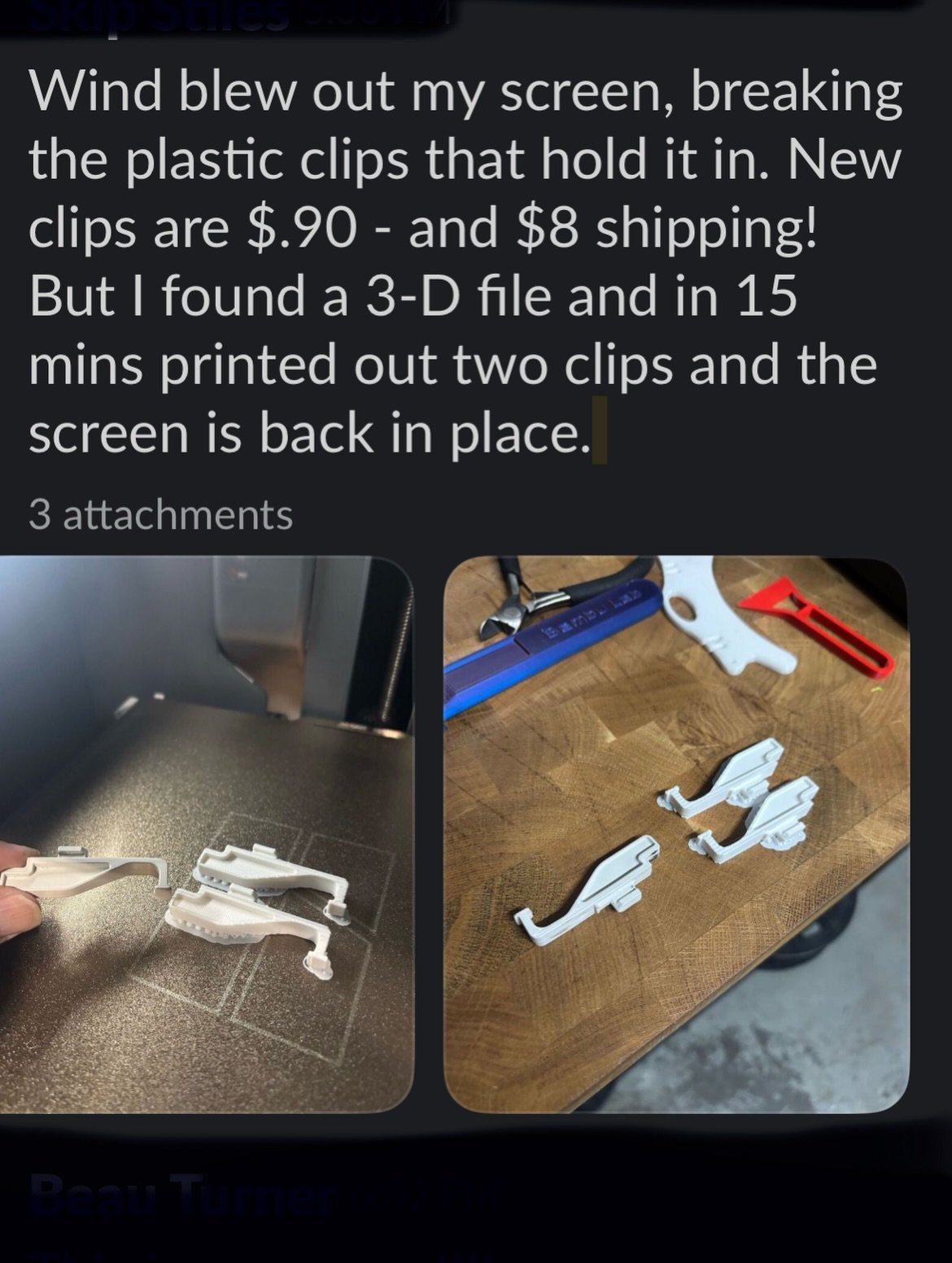 $8 to ship a $0.90 part.

Skip printed two replacements in 15 minutes.

Screen&rsquo;s back in. Problem&rsquo;s gone.

Better tools. Same maker.