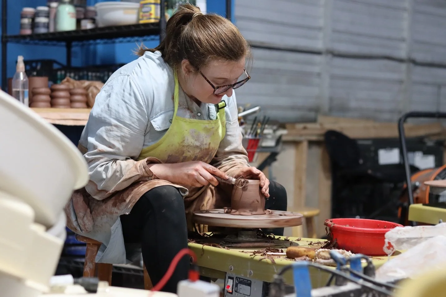 Kelsey is making mugs for her wedding next week.

Caitlin, Maggie, Diana and more have work in the kiln right now.

This is a regular week in the pottery studio.

If you want in, we have an intro to the pottery wheel class this week. Great if you&rsq