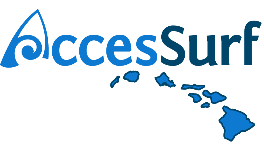 Logo of Access Surf featuring stylized blue text and an outline map of Hawaii islands.