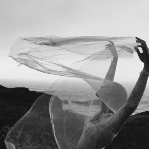 A person holding a flowing sheer fabric above their head near the ocean at sunset.