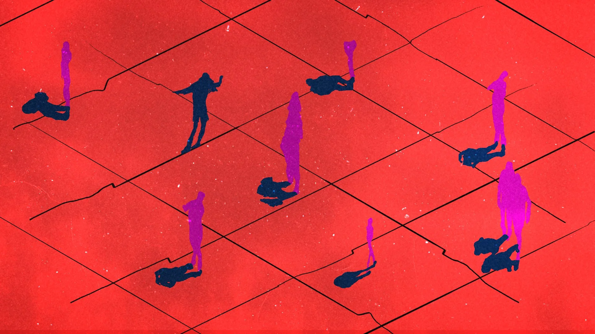 Illustration of eight figures on a red grid background, some standing and some lying down, with purple and dark blue colors.