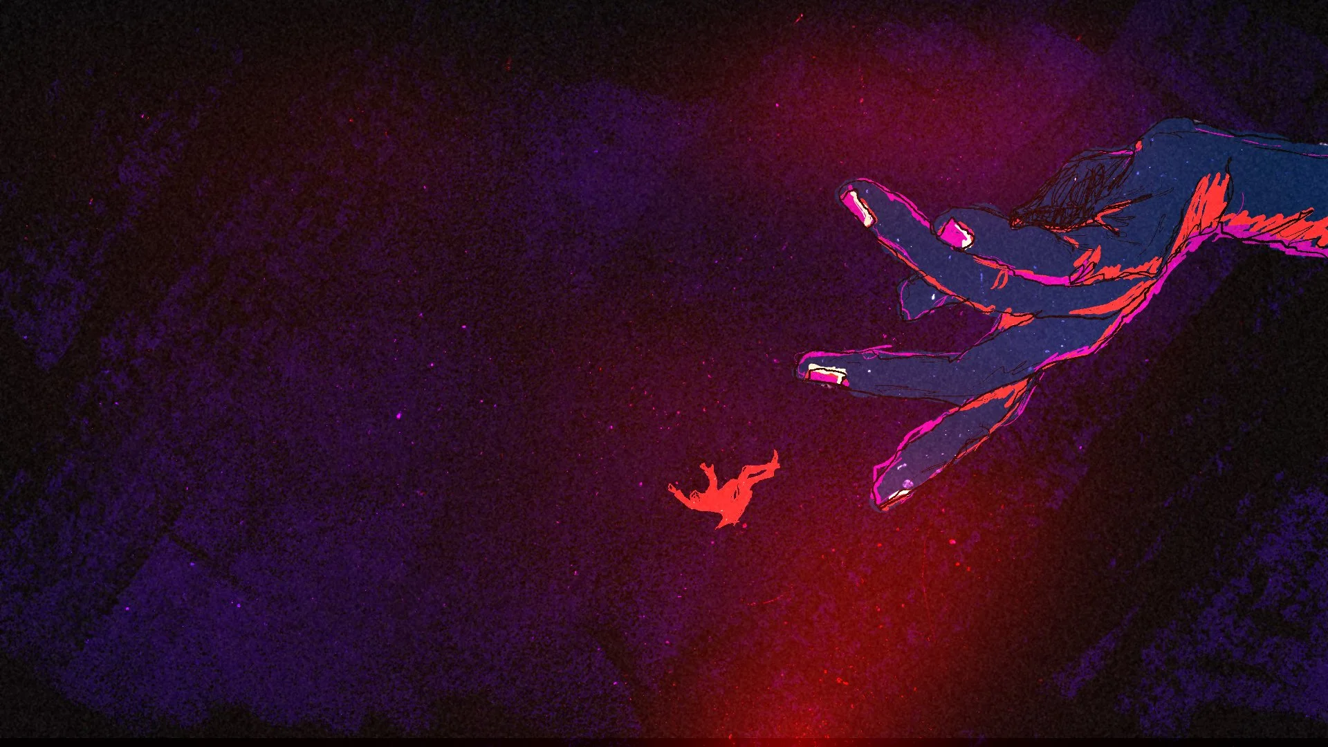 Digital artwork of a large hand reaching toward a small floating figure, with vibrant purple, pink, and red coloring.