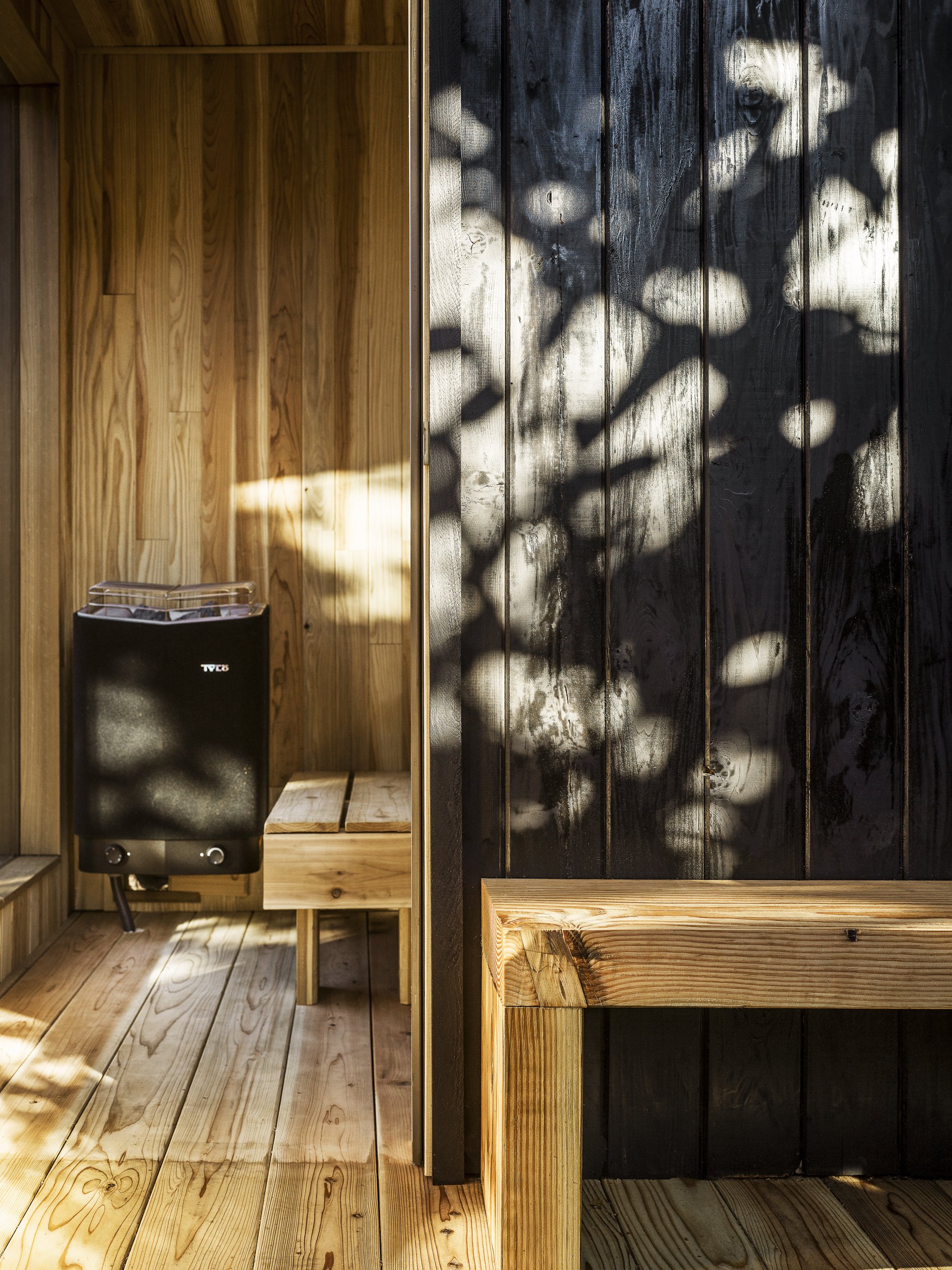 Shadow of a leafy plant cast on a wooden wall and floor, with a black water dispenser and a small wooden bench inside a wooden room.