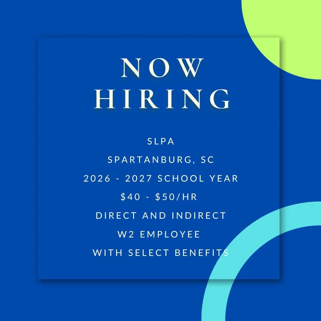 JUST IN! Now Hiring for SLPA position in the Spartanburg area! Email Heather at carolinaclinicalservicesllc@gmail.com
Check out our website at www.carolinaclinicalservices.com
#speechtherapy #schoolslpa #schoolcontracts #slpa #lovewhereyouwork