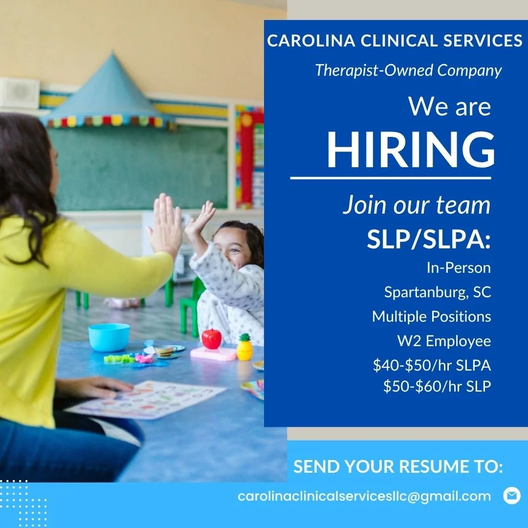 We're hiring for the 2026 - 2027 School Year! Check us out at www.carolinaclinicalservices.com!
#schoolslp #speechtherapy #slp