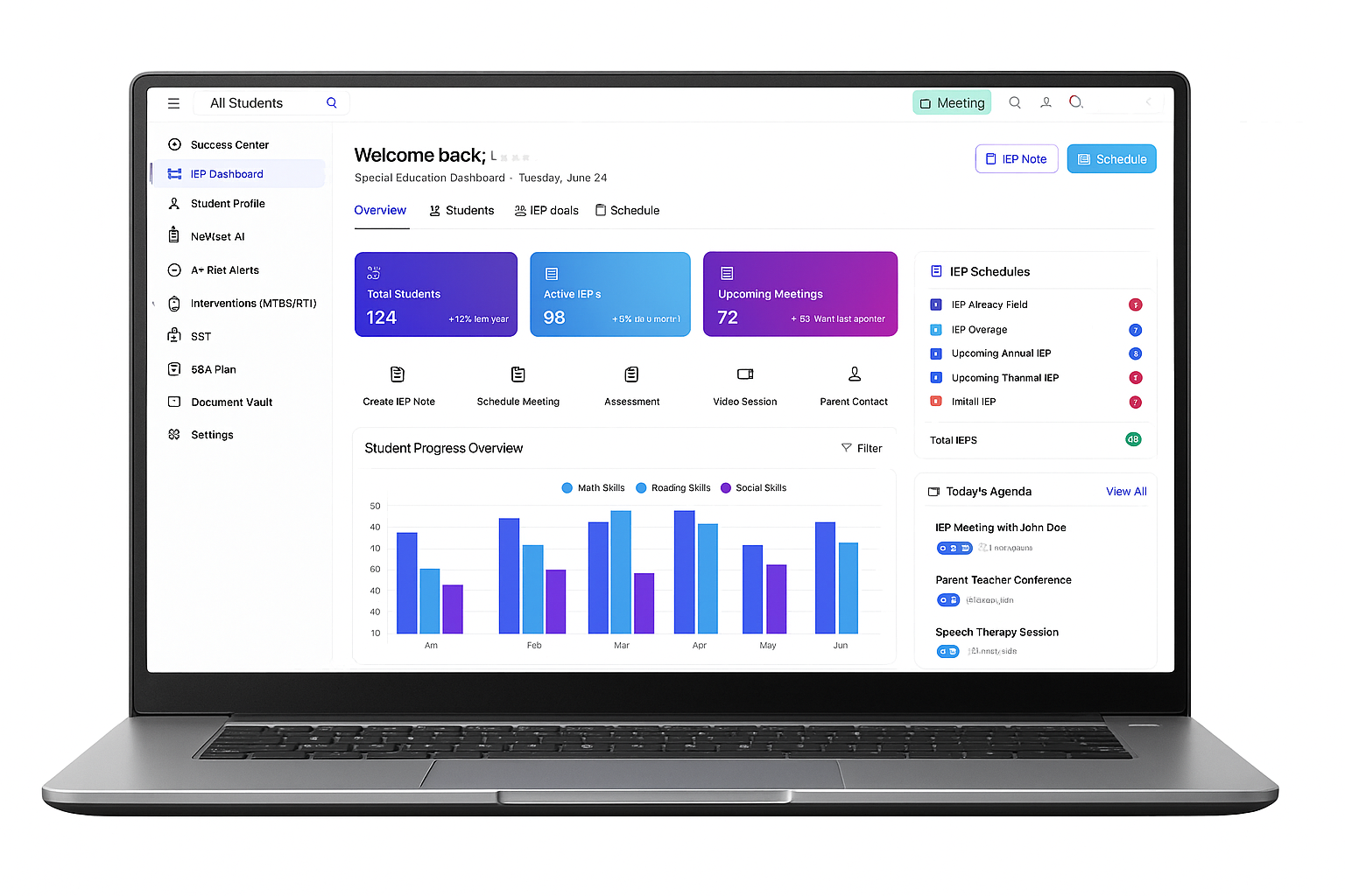 Laptop displaying a dashboard for special education management system iS3 at JenEd Enterprises.