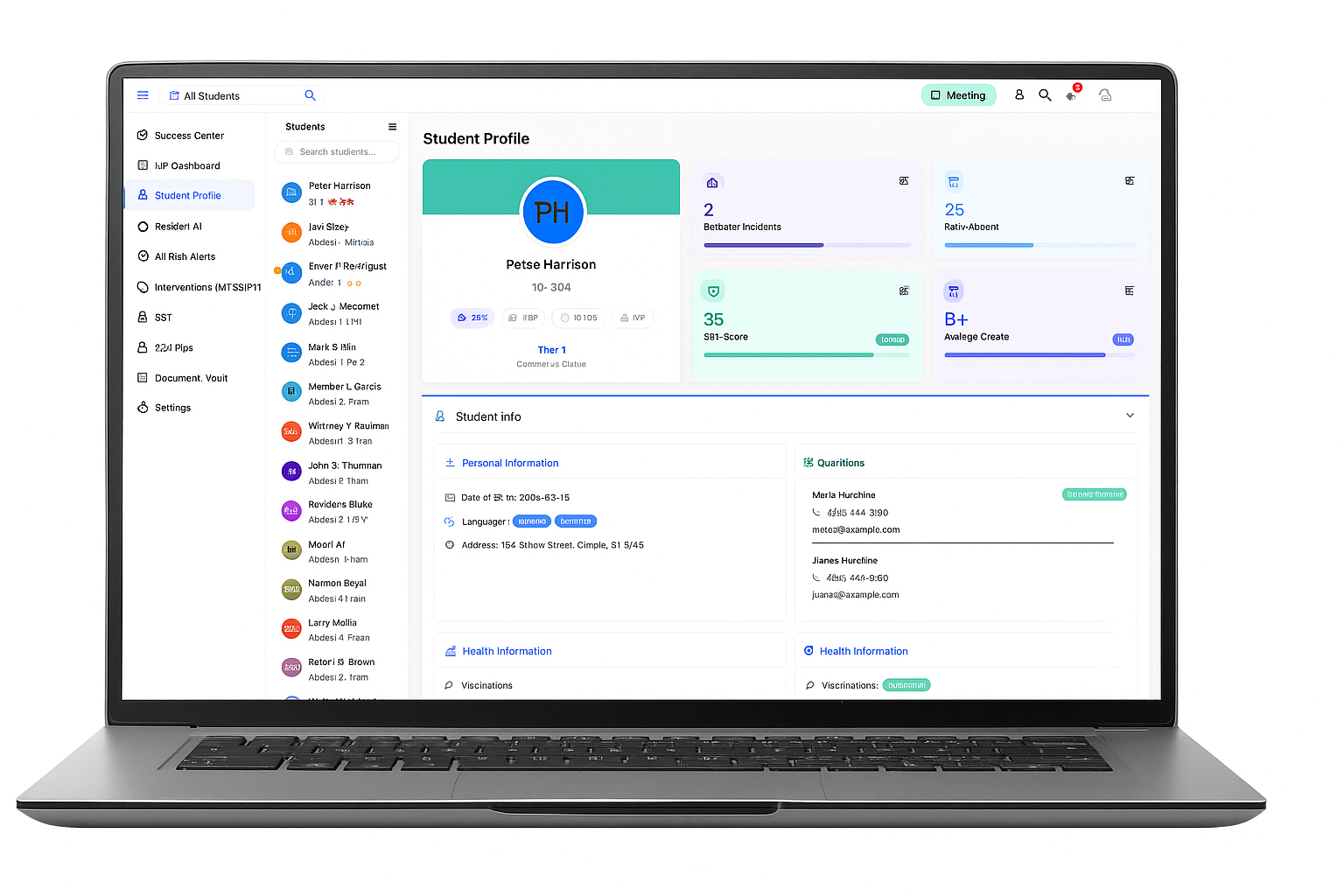 Laptop displaying student profile interface with personalized student information and navigation menu in the educational software system iS3 at JenEd Enterprises.