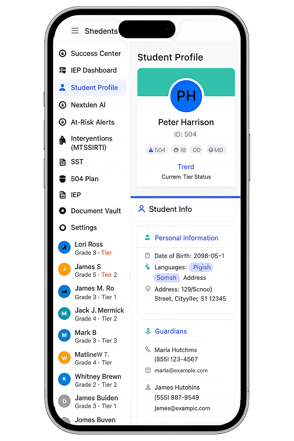 A smartphone display showing a student profile within an educational app in the educational software system iS3 at JenEd Enterprises.