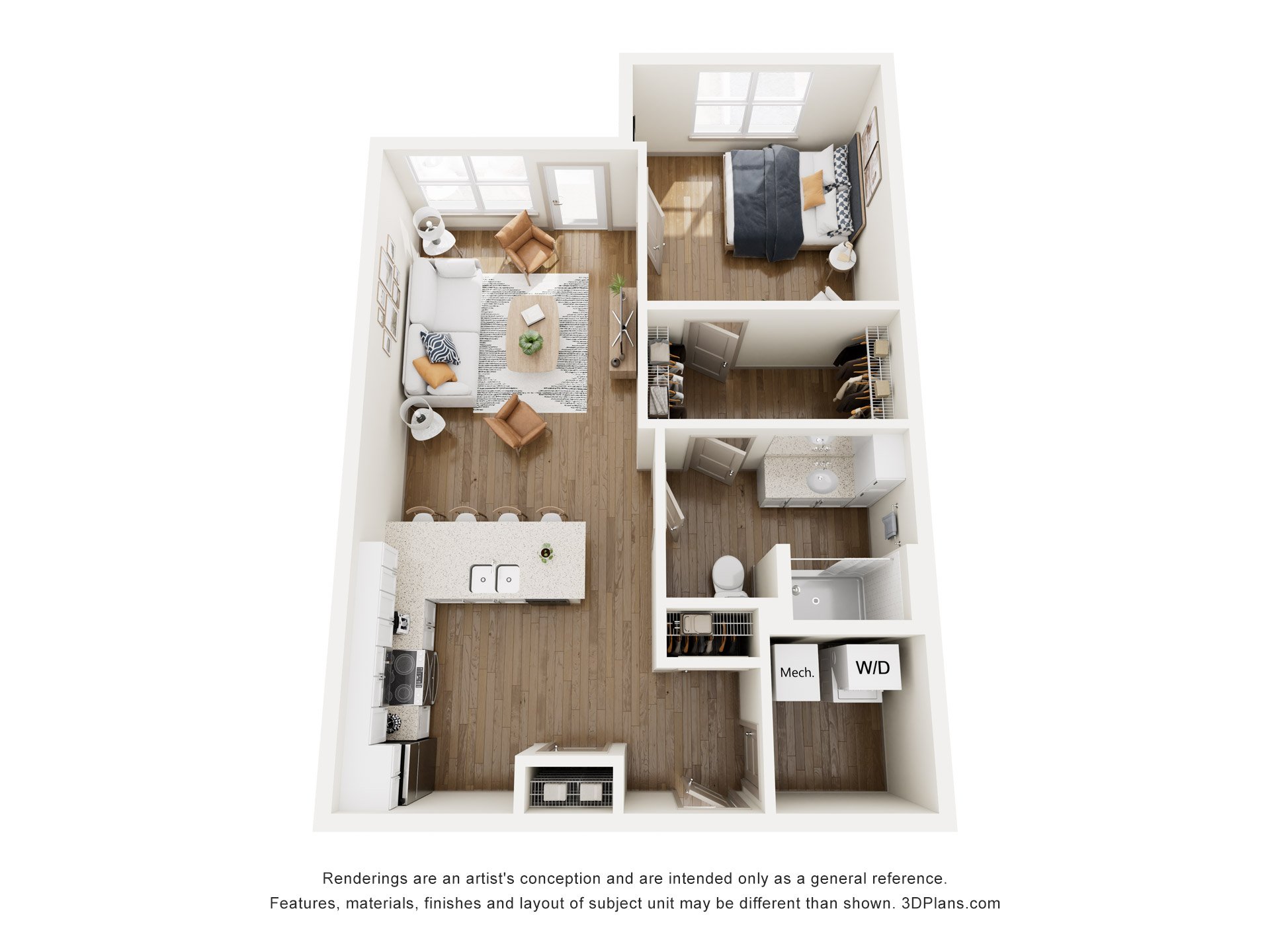 3D floor plan of a one-bedroom apartment with a living room, kitchen, bathroom, bedroom, closet, and laundry area.