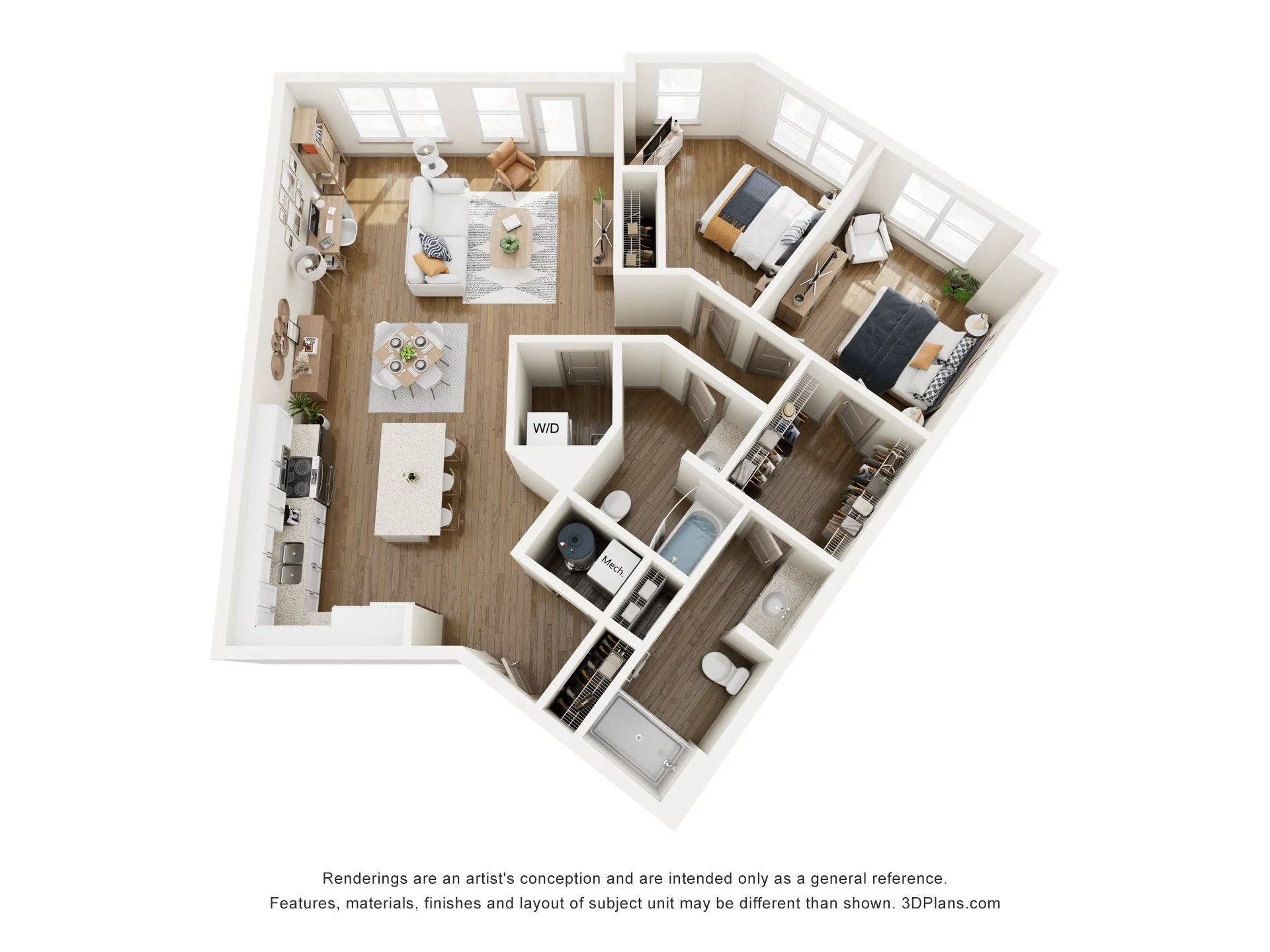 3D floor plan of an apartment with two bedrooms, one bathroom, an open kitchen and living area, and a laundry closet.