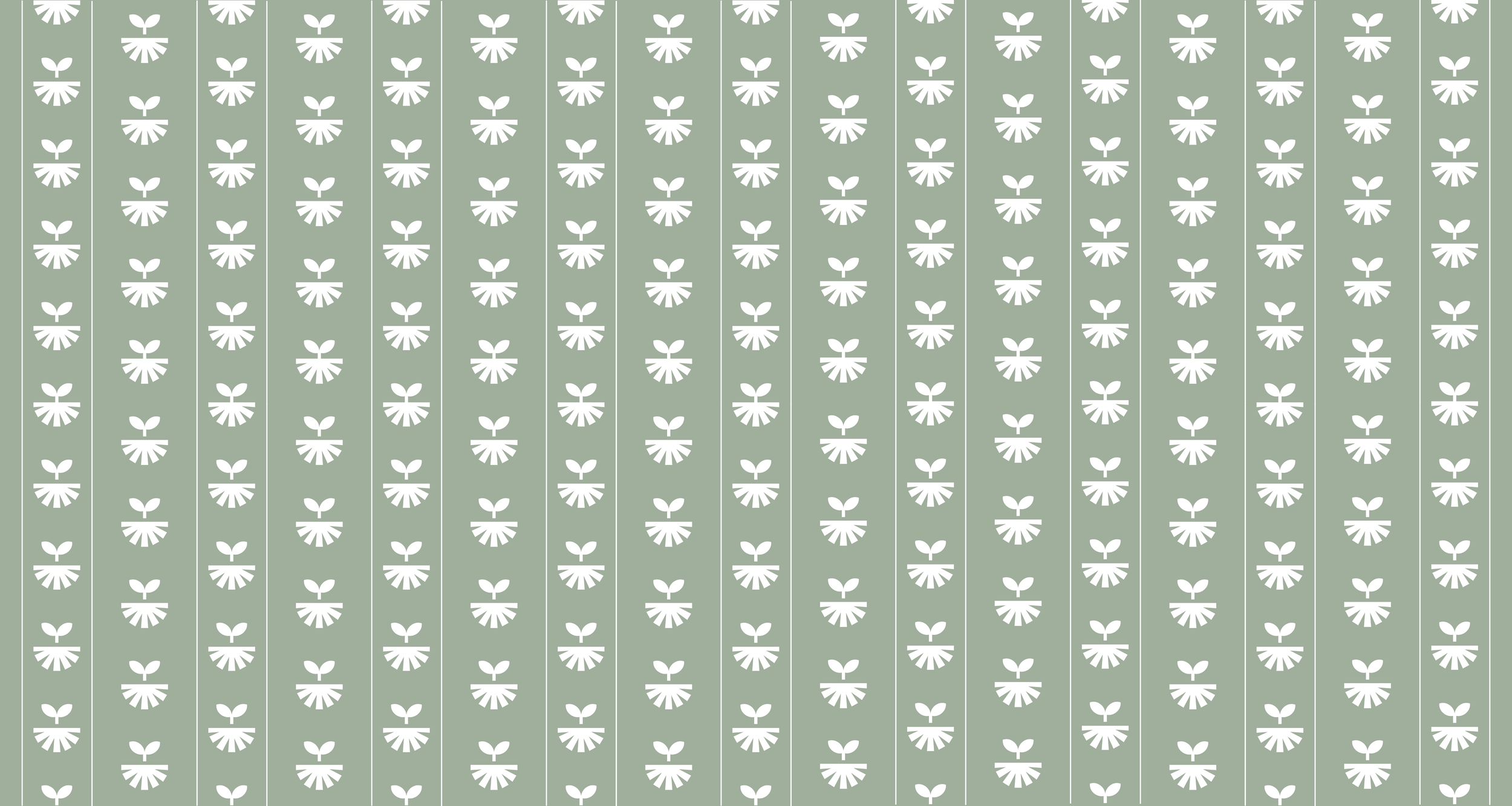 Pattern of white flowers with two petals and stem, repeated on a green background.