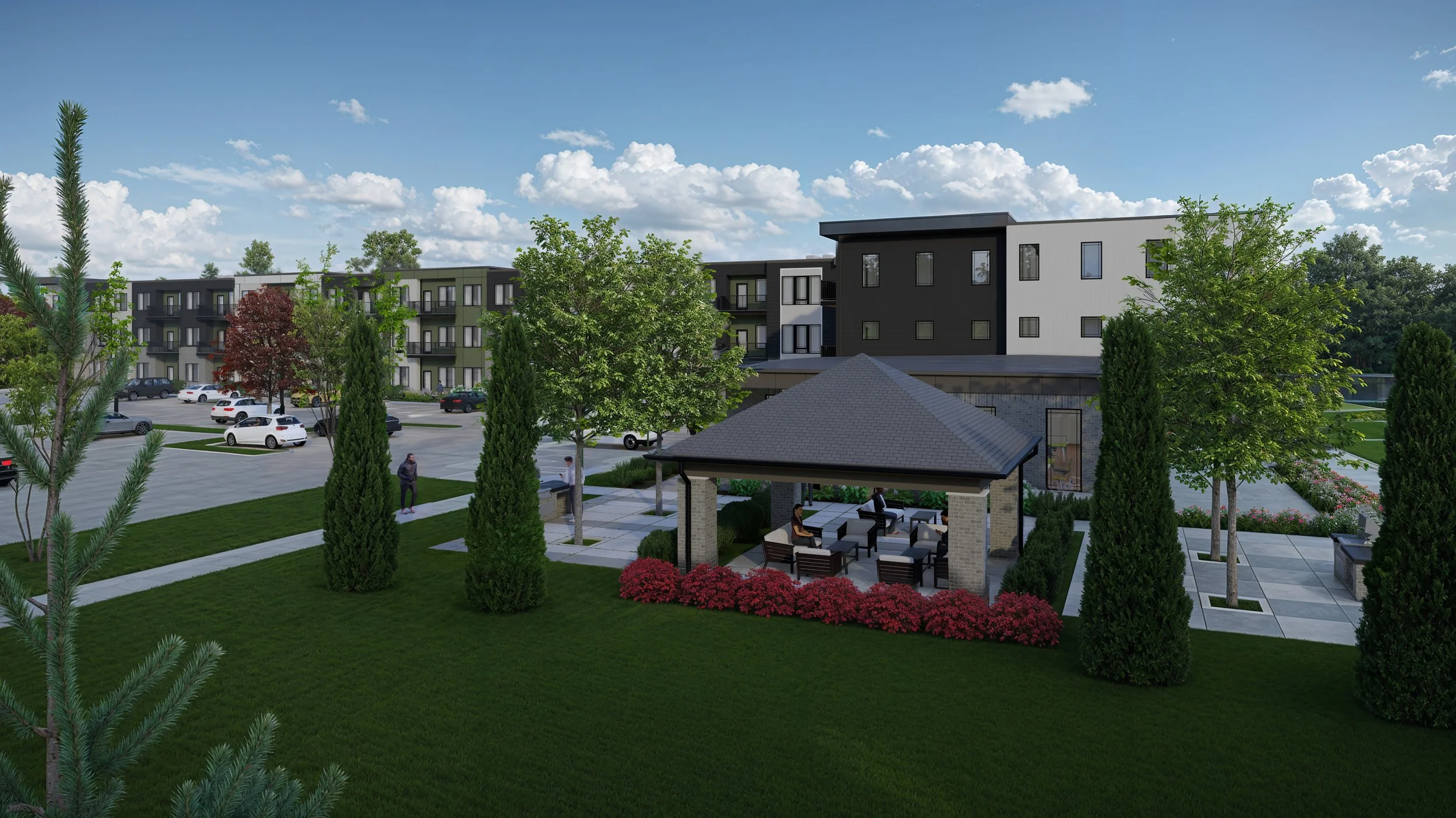 A landscaped outdoor area with a grass lawn, trees, a gazebo with seating, and a parking lot with cars. In the background, there is a modern multi-story residential building under a partly cloudy sky.