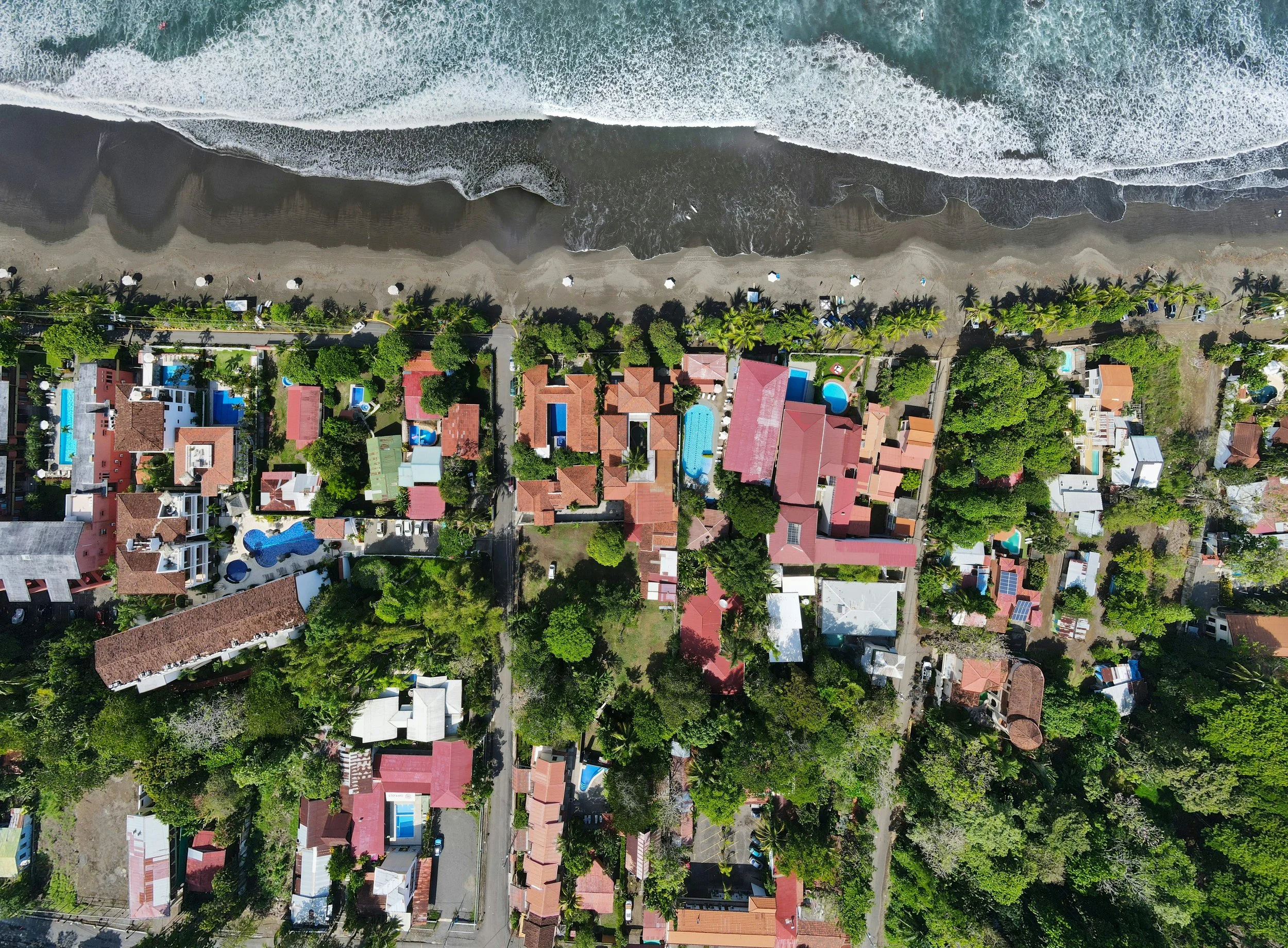 Aerial view of a coastal neighborhood with houses, trees, and swimming pools along a beach with umbrellas and surf