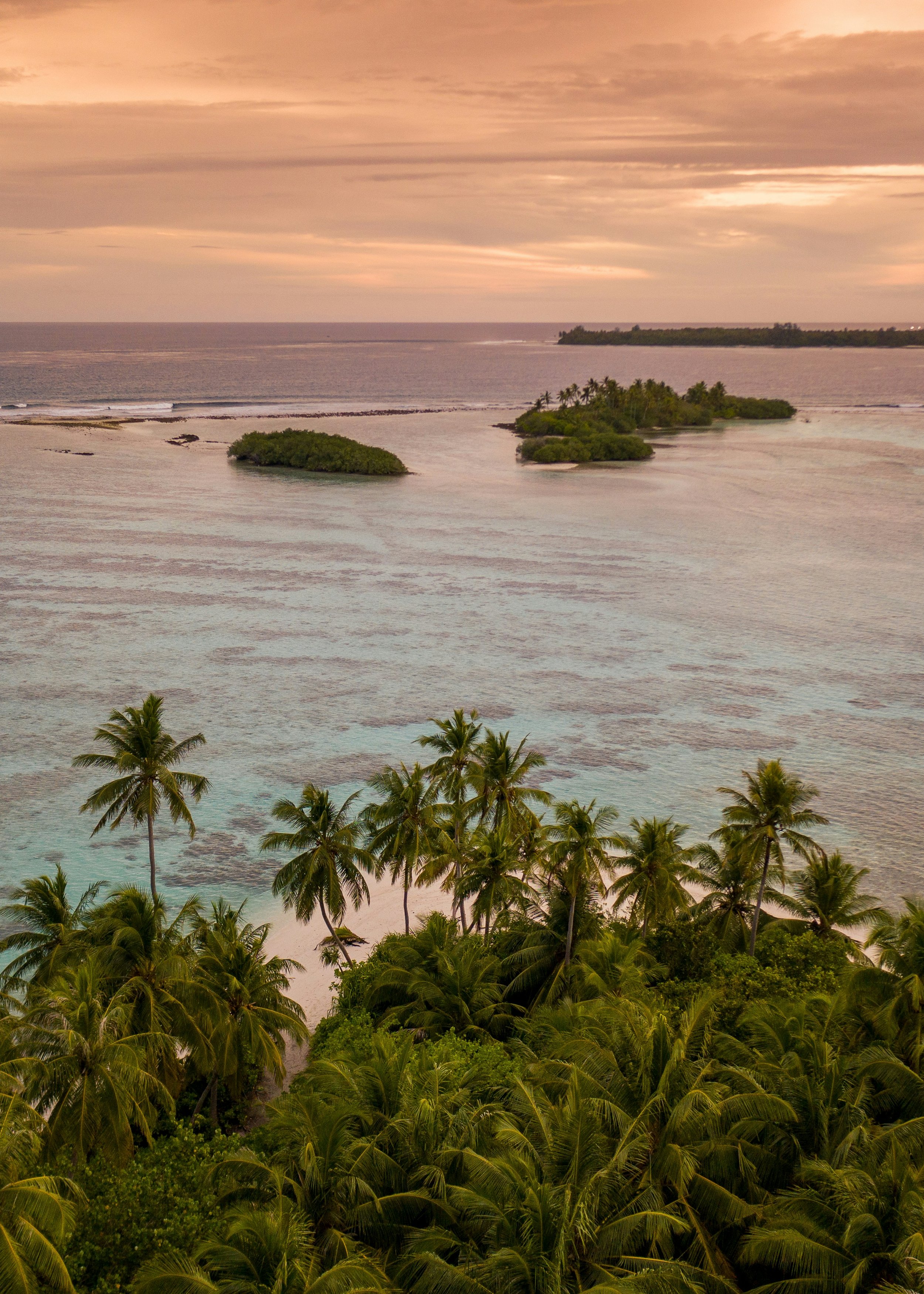 Tropical beach with palm trees, shallow clear water, small islands, and an overcast sky at sunset.