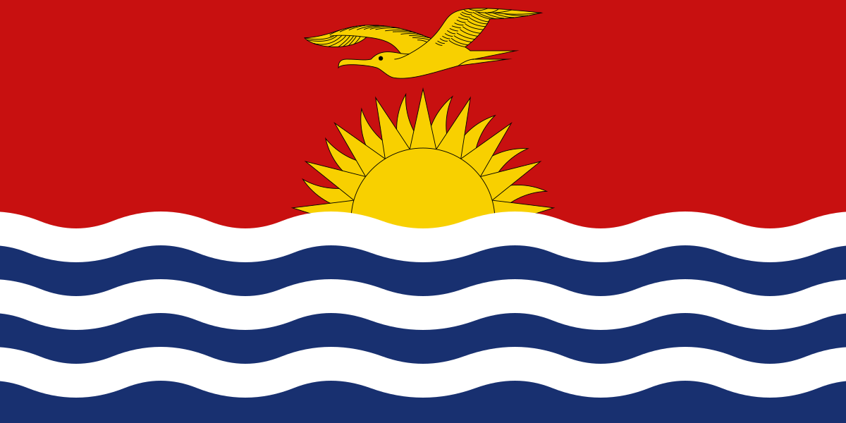Flag with a red upper half, white, blue and dark blue wavy stripes in the lower half, a yellow sun with rays, and a yellow flying pelican.