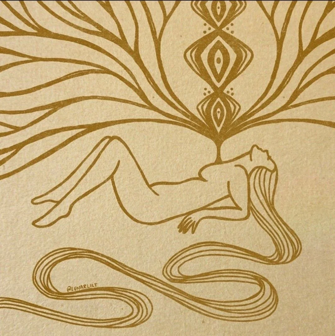 Line drawing of a woman with long flowing hair laying on the ground with emotional and spiritual activation pouring out of her chest