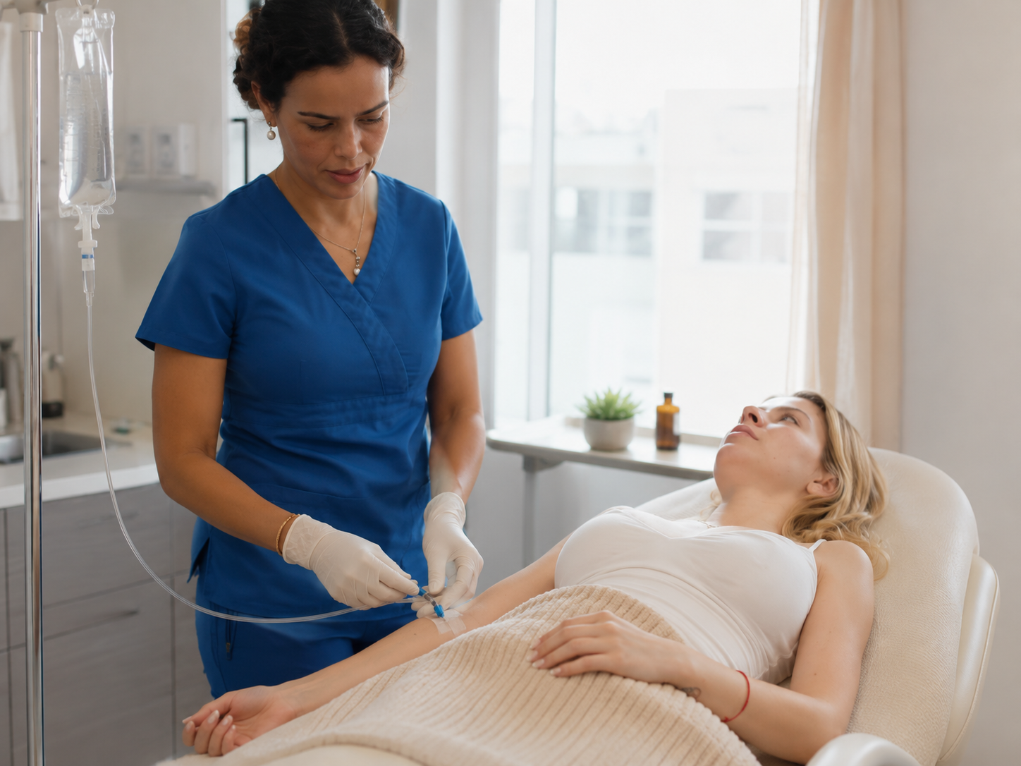 Badia Wechky, RN, providing IV therapy to a client at Badia Wellness & Longevity Clinic in La Jolla
