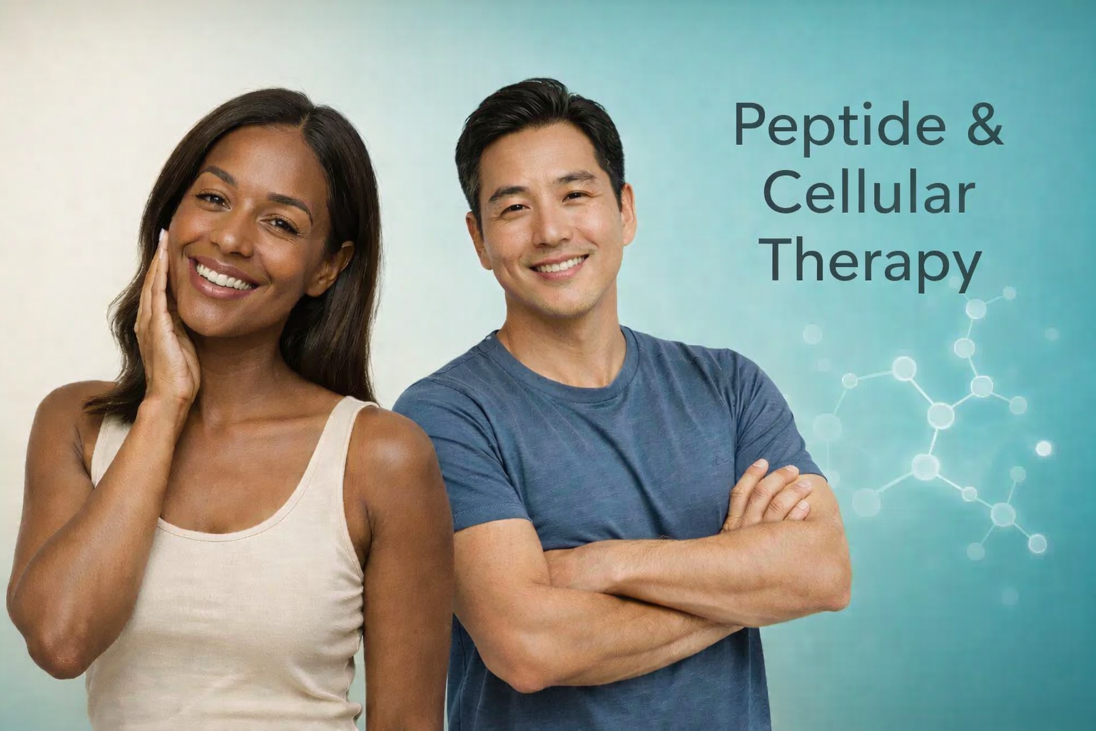 Two smiling individuals, a woman and a man, stand side by side in front of a blue background with molecular graphics. The woman has dark hair and is wearing a beige sleeveless top, touching her face with her right hand. The man has dark hair and is wearing a blue t-shirt, with his arms crossed. The text on the image reads 'Peptide & Cellular Therapy'.