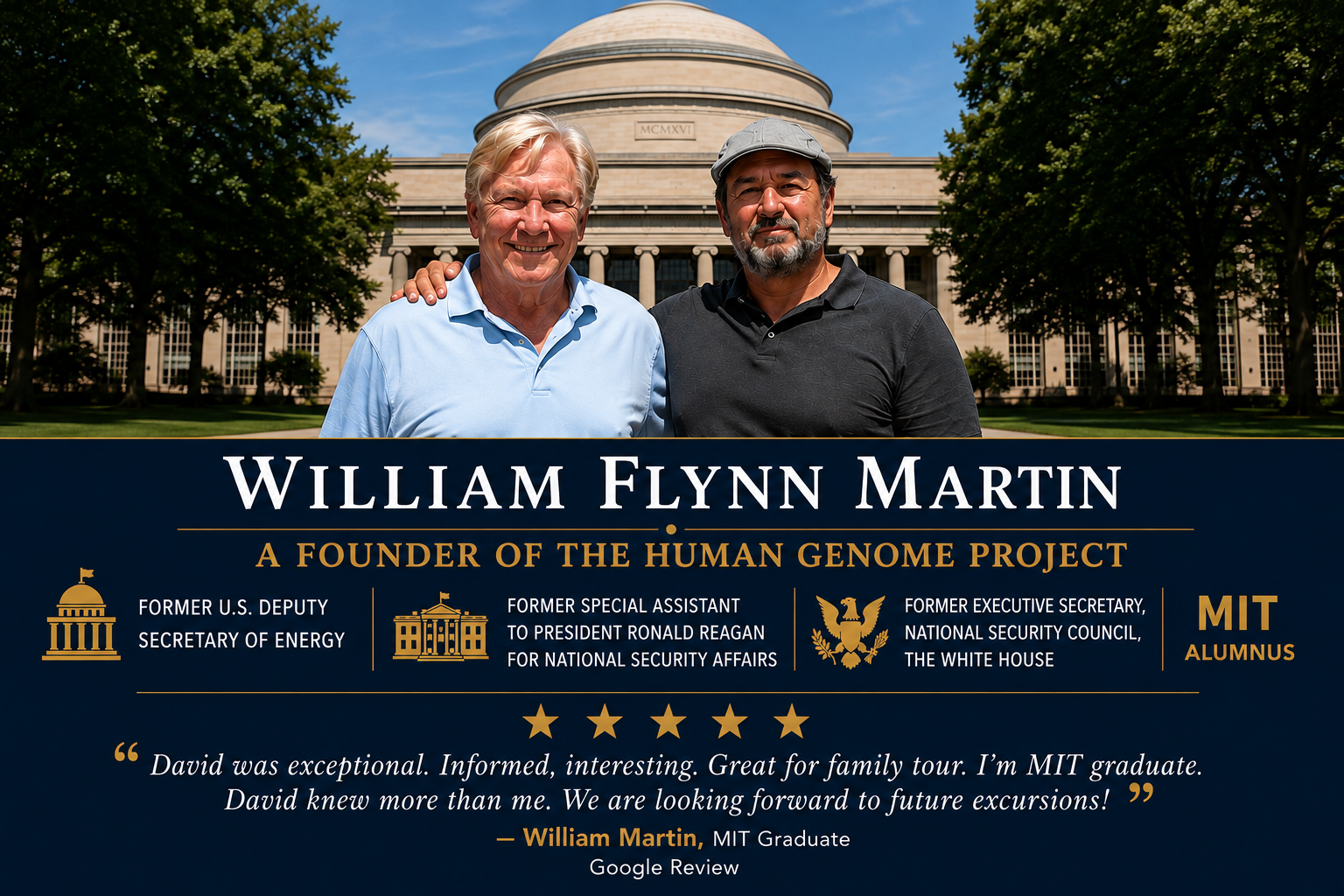 William Flynn Martin, a founder of the Human Genome Project and MIT alumnus, with David during a private Boston and Cambridge tour at MIT.