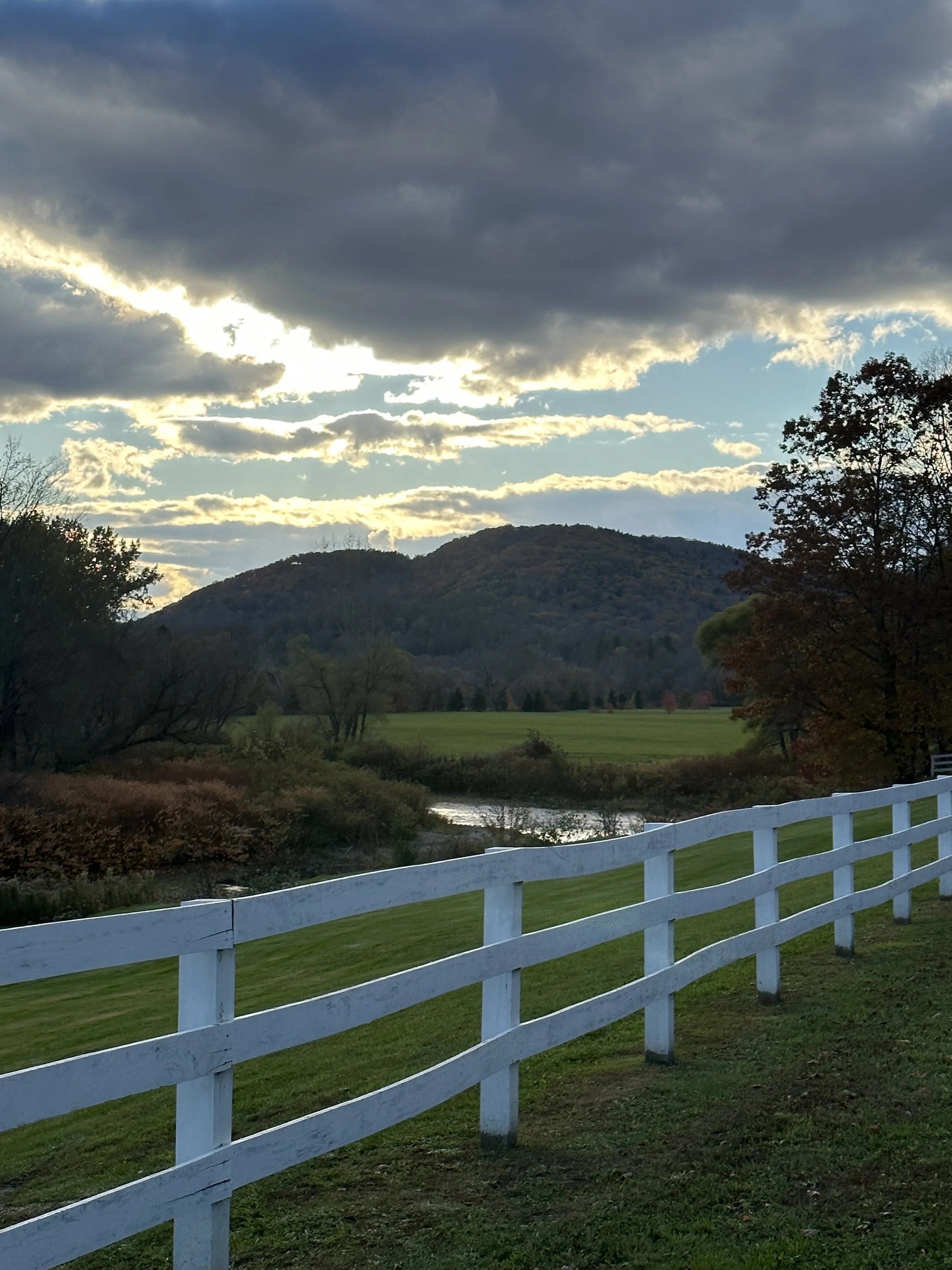 Scenic view of rolling hills, trees, and cloudy sky, with a white fence in the foreground along a grassy field.