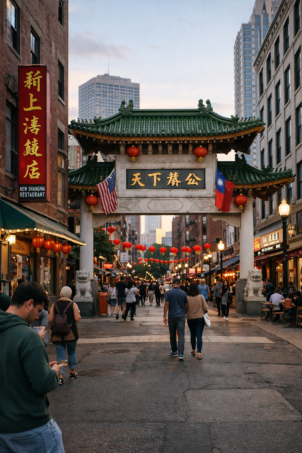 A busy street in Chinatown during early evening, featuring a traditional Chinese gate with green tiled roof, red lanterns, and flags, with pedestrians walking beneath it and modern buildings in the background.