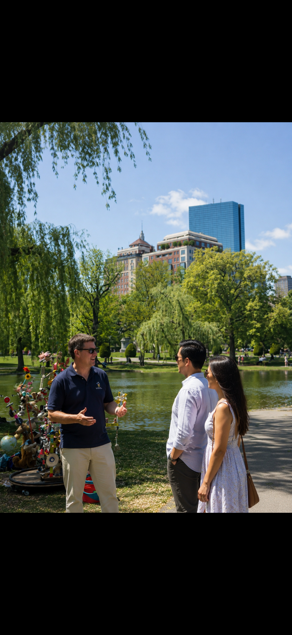 Private Tour Guide leading a private Boston tour with guests in the Boston Public Garden, part of luxury custom New England sightseeing experience.