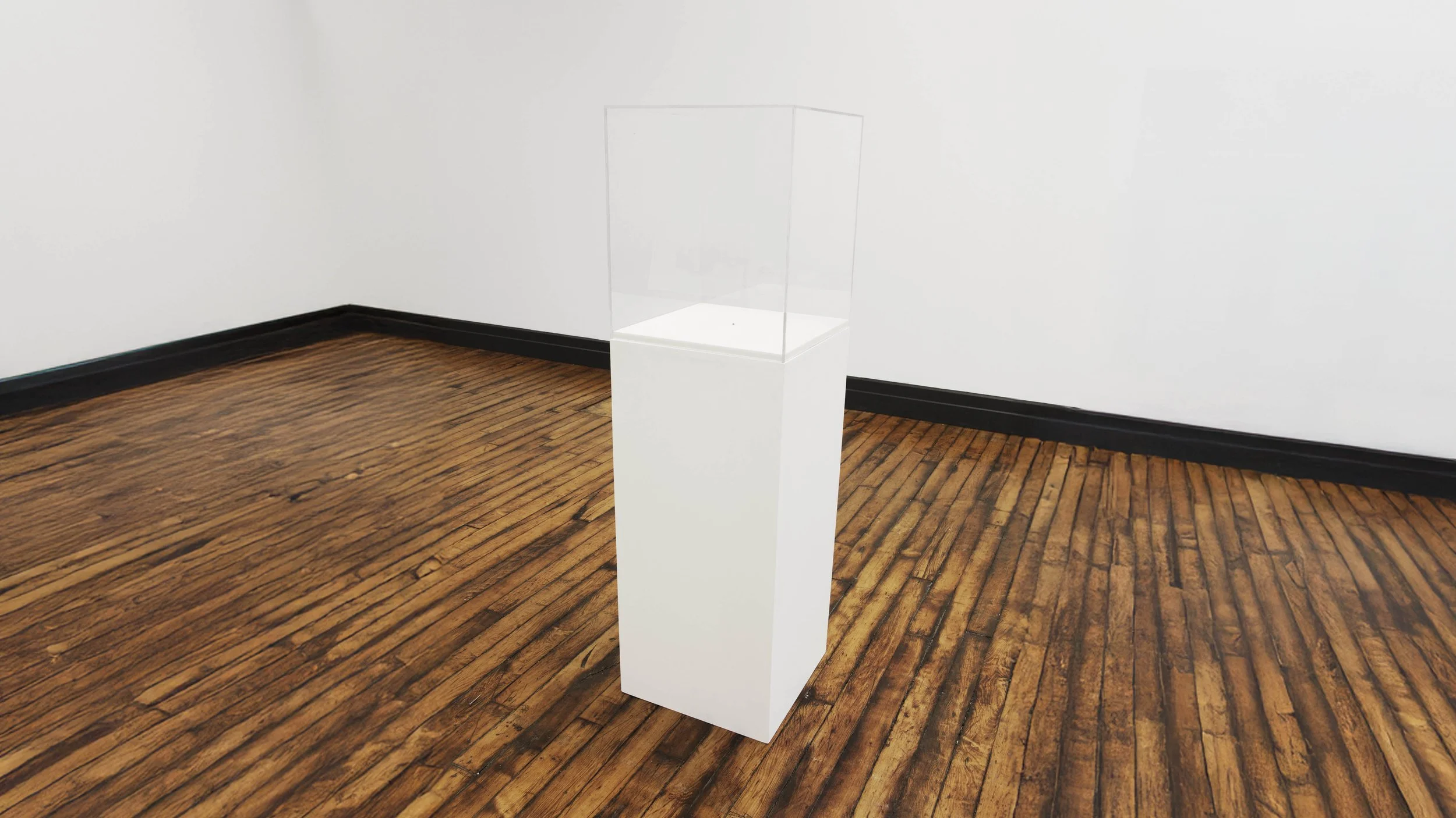 A small gold-plated booger in a display case on a white pedestal in an art gallery with wooden floors and white walls.