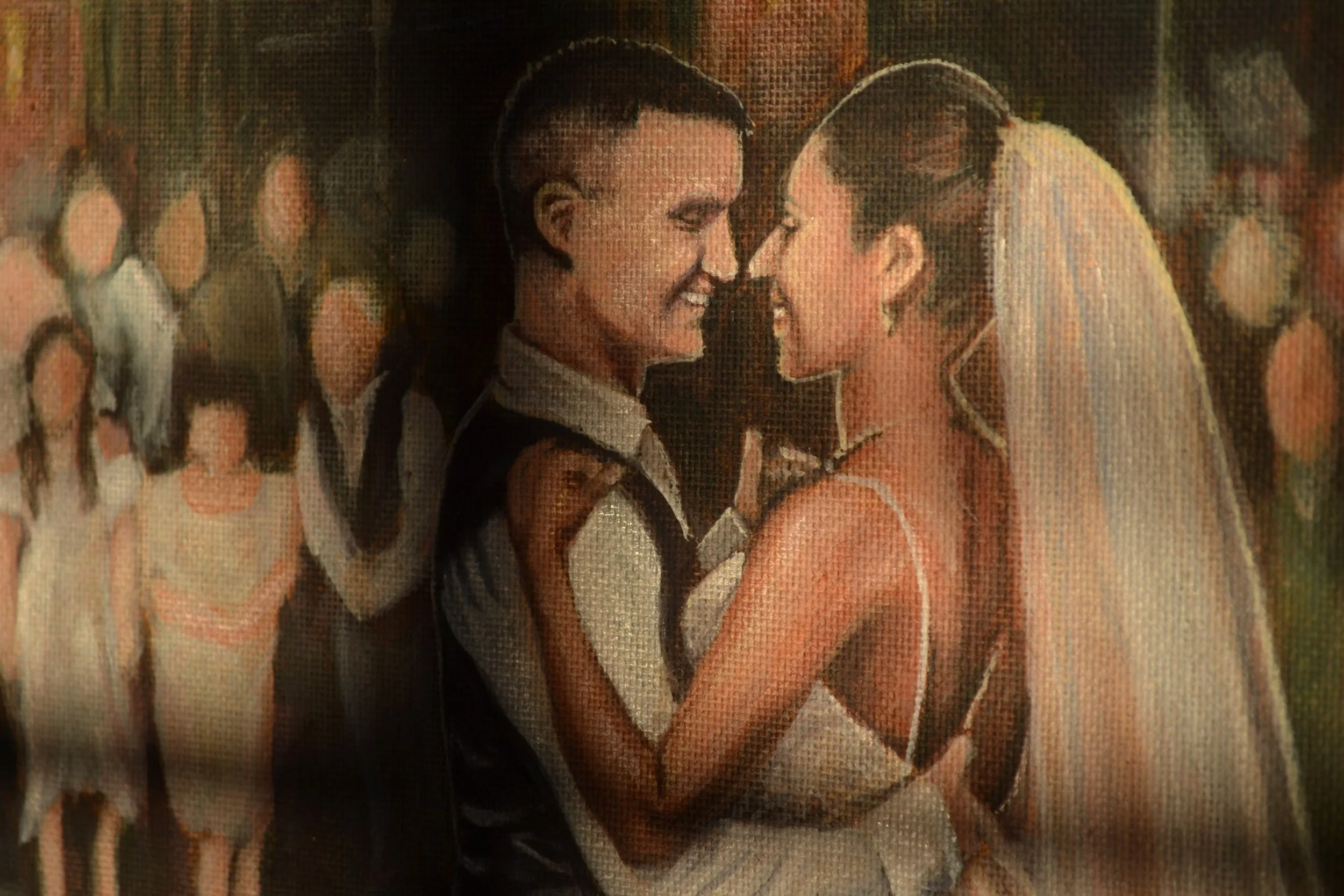 A painting of a wedding dance scene with a man and woman smiling and leaning close together, surrounded by guests. The bride wears a white dress and veil, and the groom wears a black vest. The background shows other wedding guests.