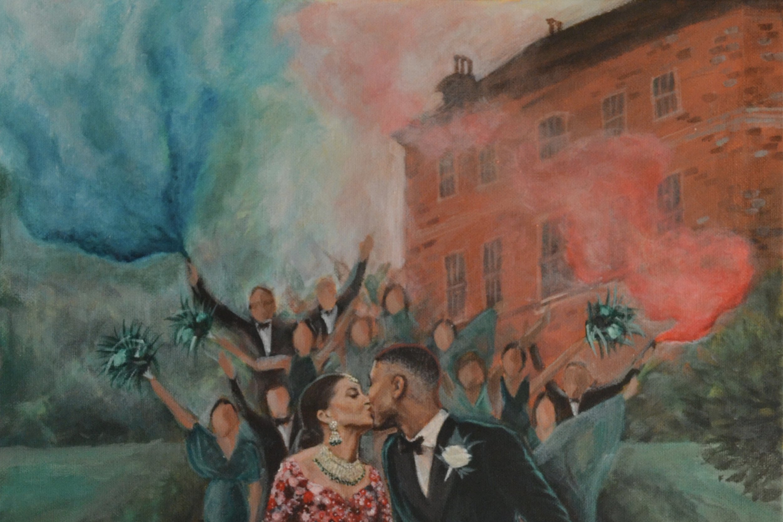 A painting of a wedding scene with a couple kissing in front of a group of women holding blue and red smoke flares. The background features a large brick building, trees, and a colorful sky.