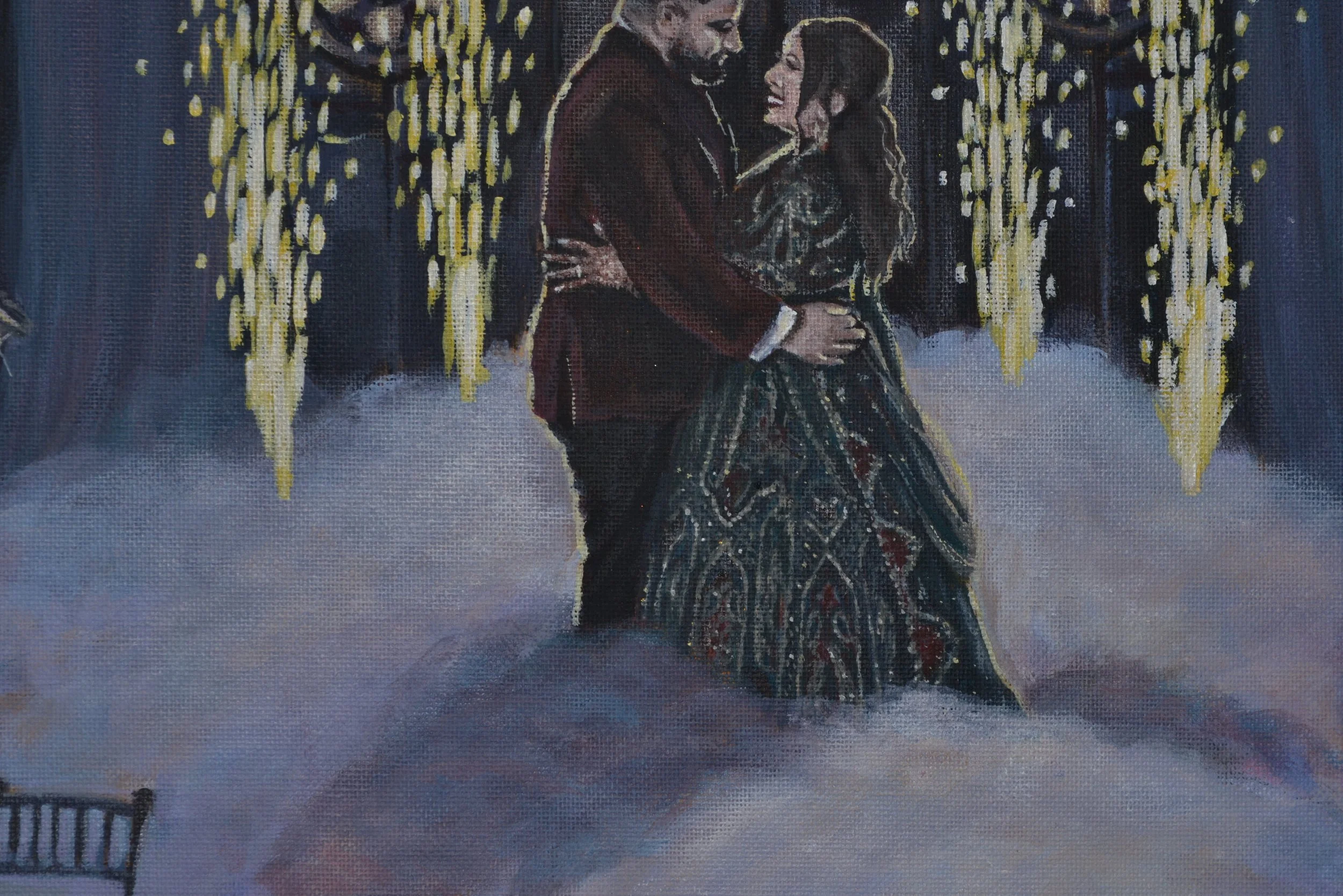 A painting of a couple dancing closely, with the man wearing a dark red jacket and the woman in a long, ornate black dress. They are surrounded by hanging yellow lights or decorations, creating a festive atmosphere.