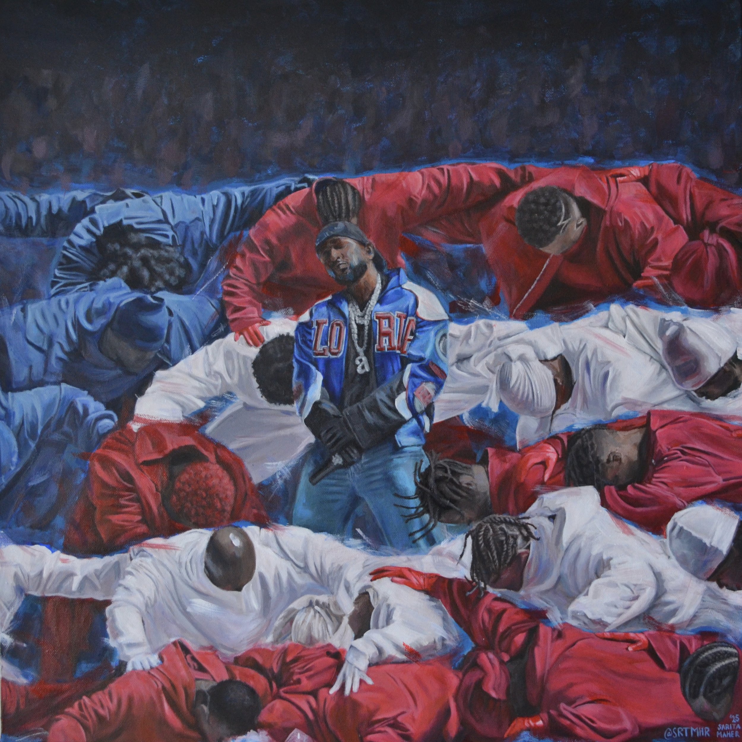 A painting of several people bowing down with their hands on the ground, wearing red, white, and blue clothing and hats. A man in the center is standing, wearing a blue jacket with red and white details, and making a peace sign.