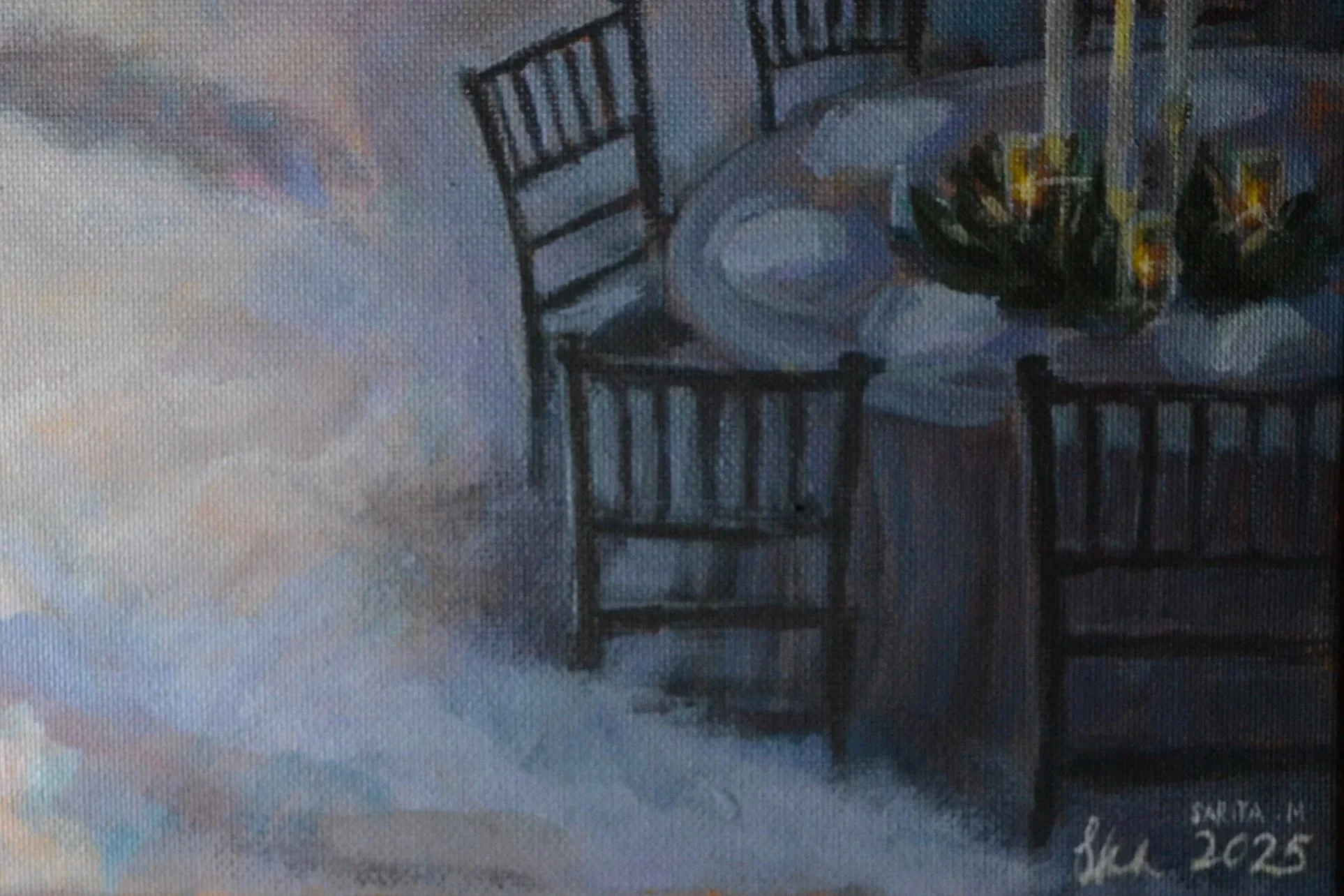 A round table with a floral centerpiece and four black wooden chairs around it, painted in a loose, impressionistic style.