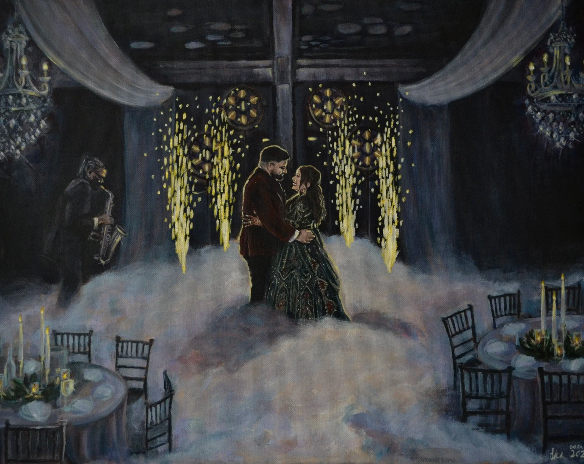Painting of a couple dancing in a decorated ballroom with tables and a musician playing saxophone in the background. The scene has a dreamy, moonlit atmosphere with yellow hanging lights and elegant drapes.