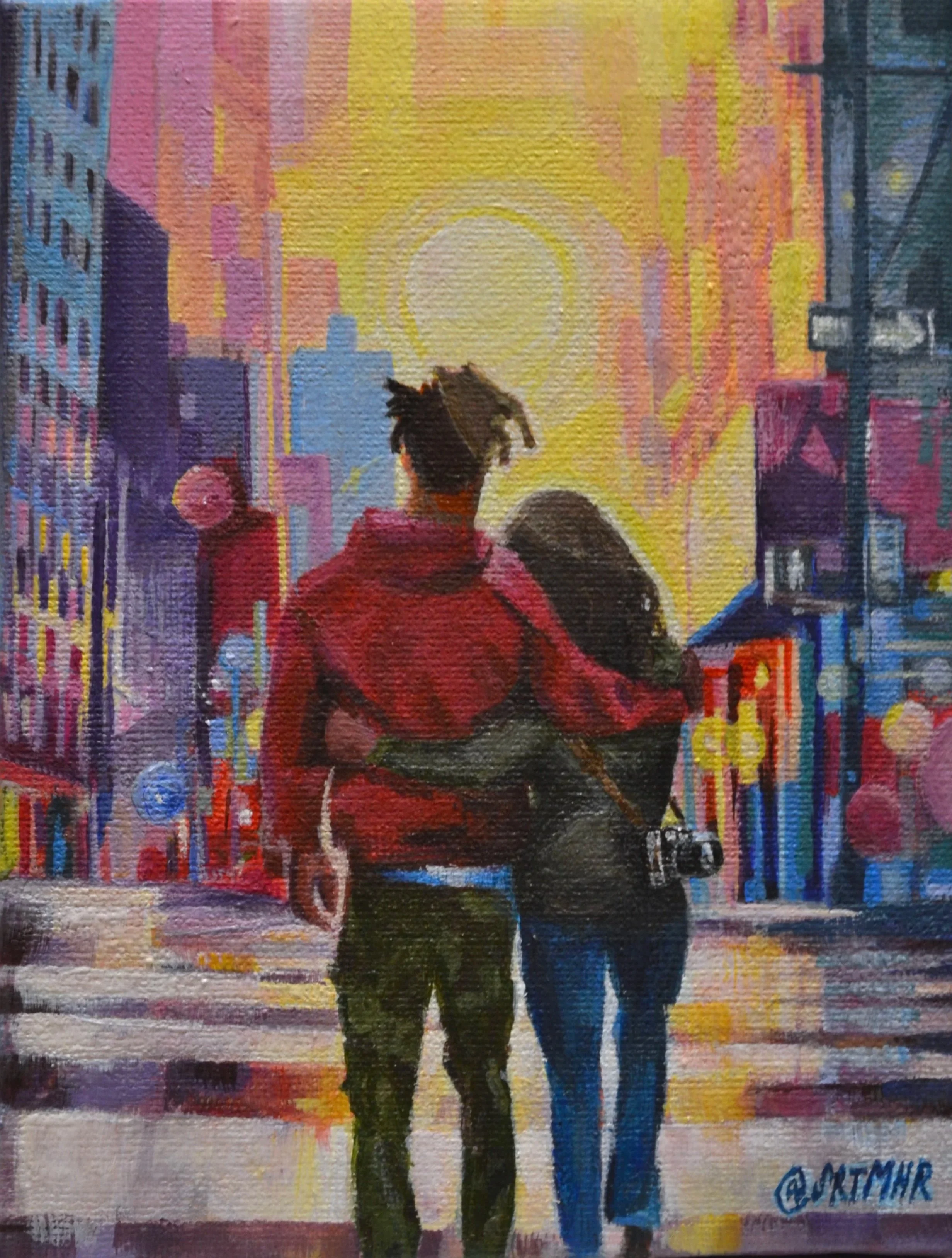 Painting of a couple walking in a city at sunset with tall buildings and neon lights.