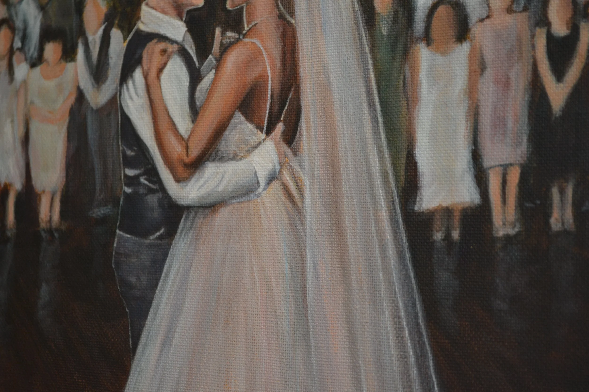 Painting of a newlywed couple dancing at their wedding reception, surrounded by friends and family.