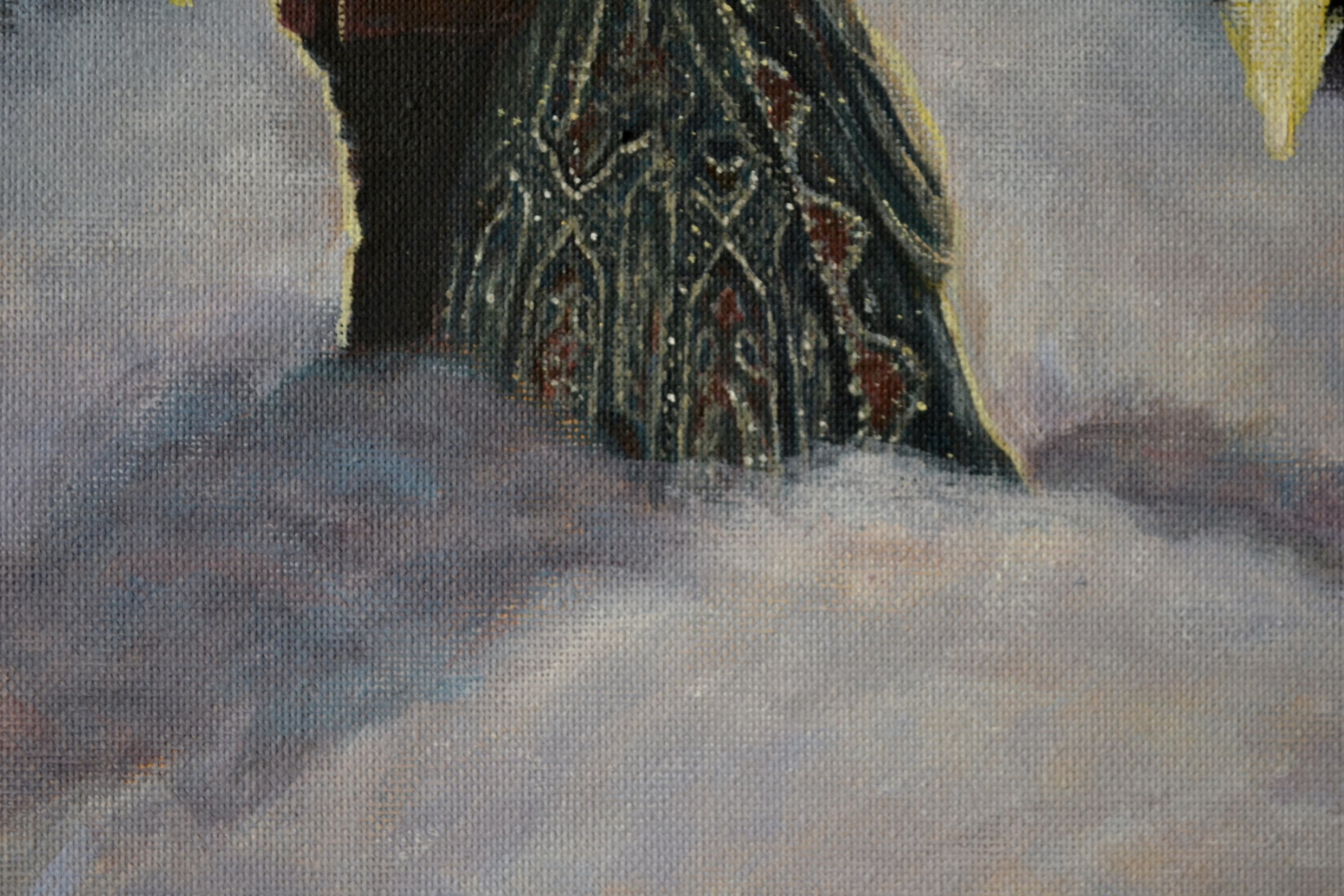 Close-up of a detailed textured fabric featuring metallic embroidery with an ornate design, and soft, pastel-colored clouds or fog at the bottom.