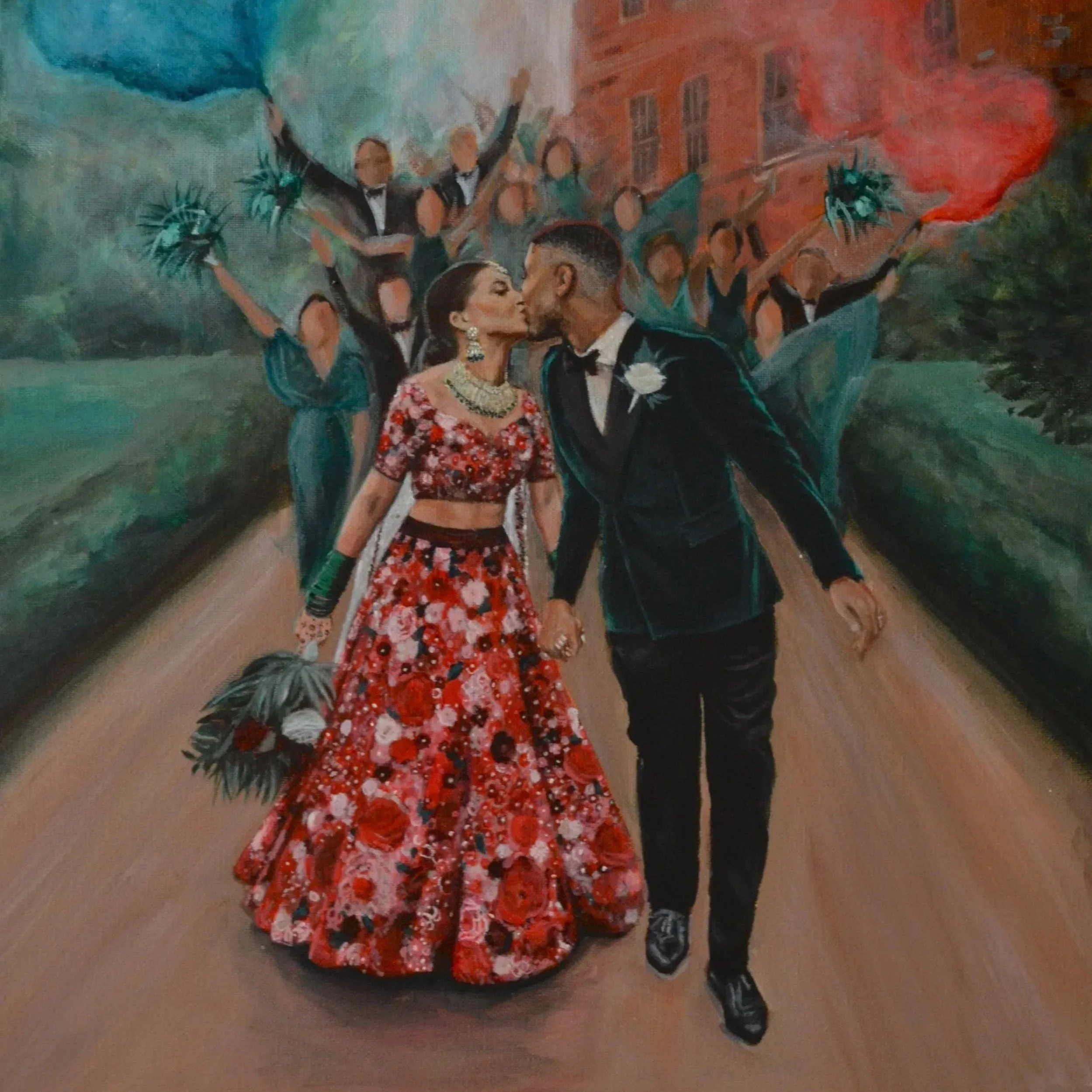 A painting of a couple in formal attire sharing a kiss while holding hands, with their wedding party celebrating in the background.