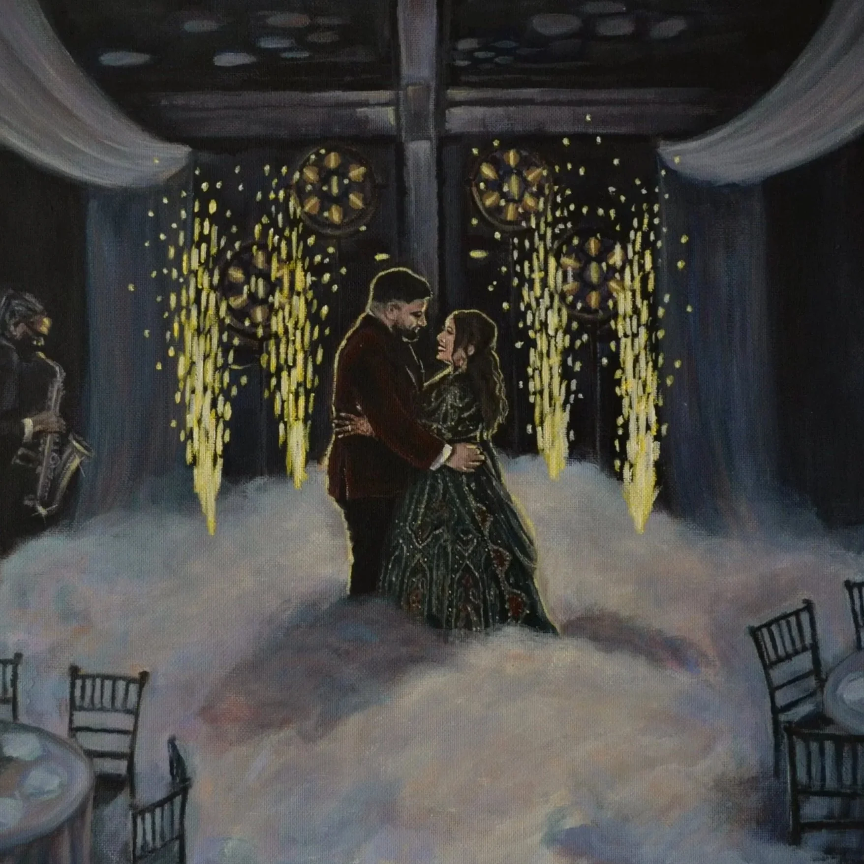 Painting of a couple dancing at their wedding, with a saxophonist playing music and decorative hanging lights in the background.