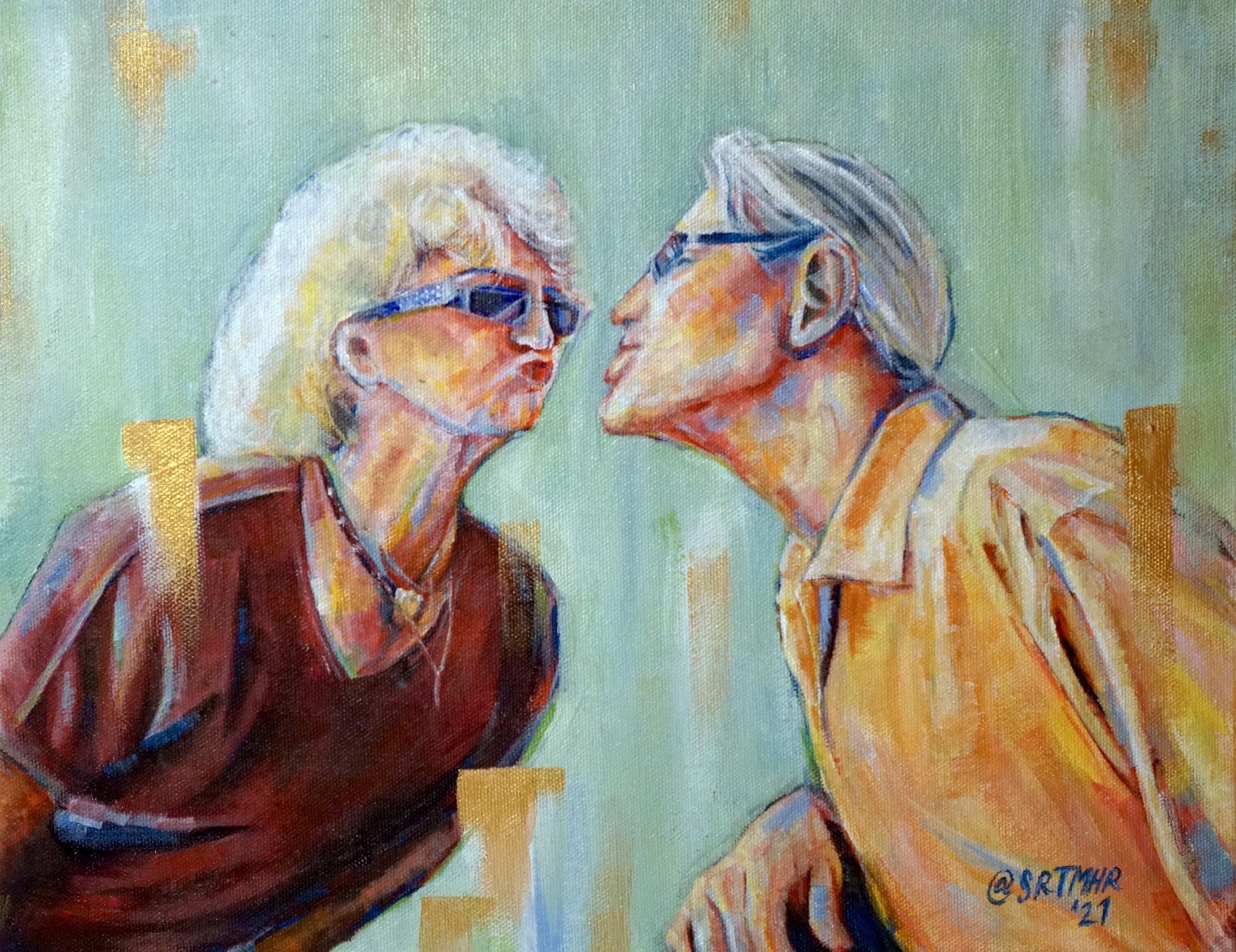 Painting of an elderly woman and man nearing a kiss, both wearing glasses, with background in shades of green with gold accents.