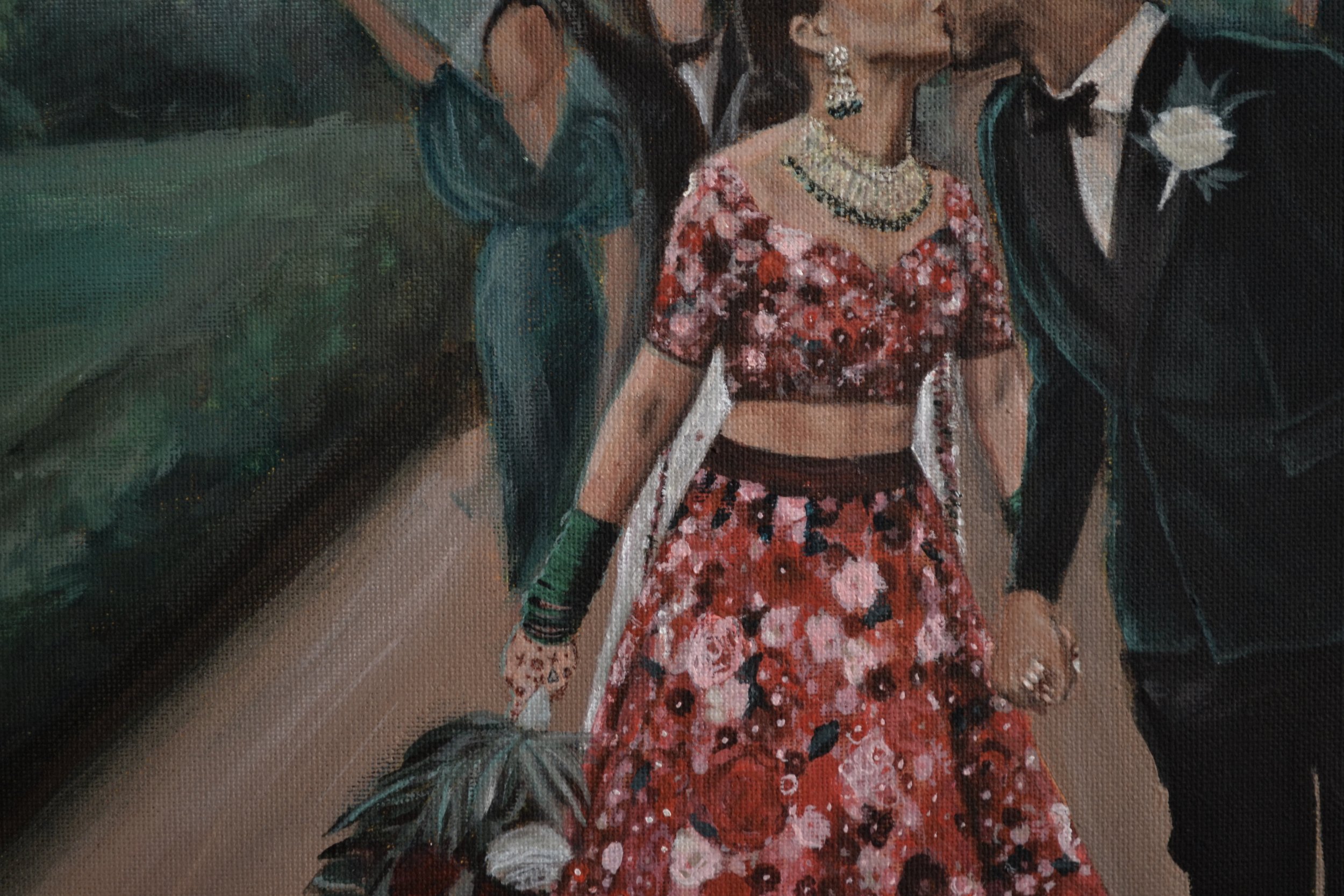 A painting of a couple dressed in formal attire, holding hands at a wedding or formal event. The woman wears a floral red and pink dress with matching accessories, and the man wears a black tuxedo with a white boutonniere.