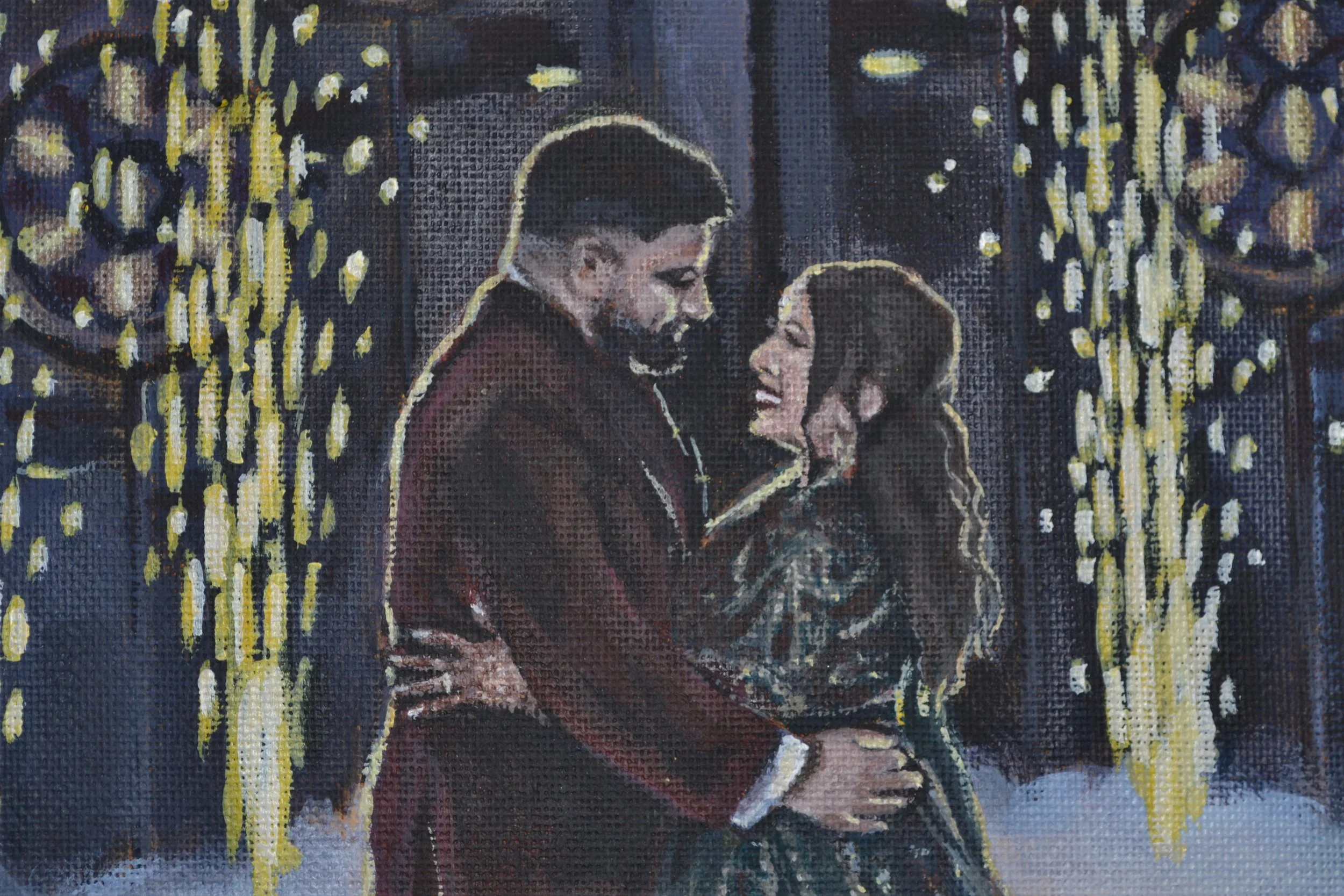 A painting of a couple dancing and smiling at each other, surrounded by decorative yellow hanging lights.